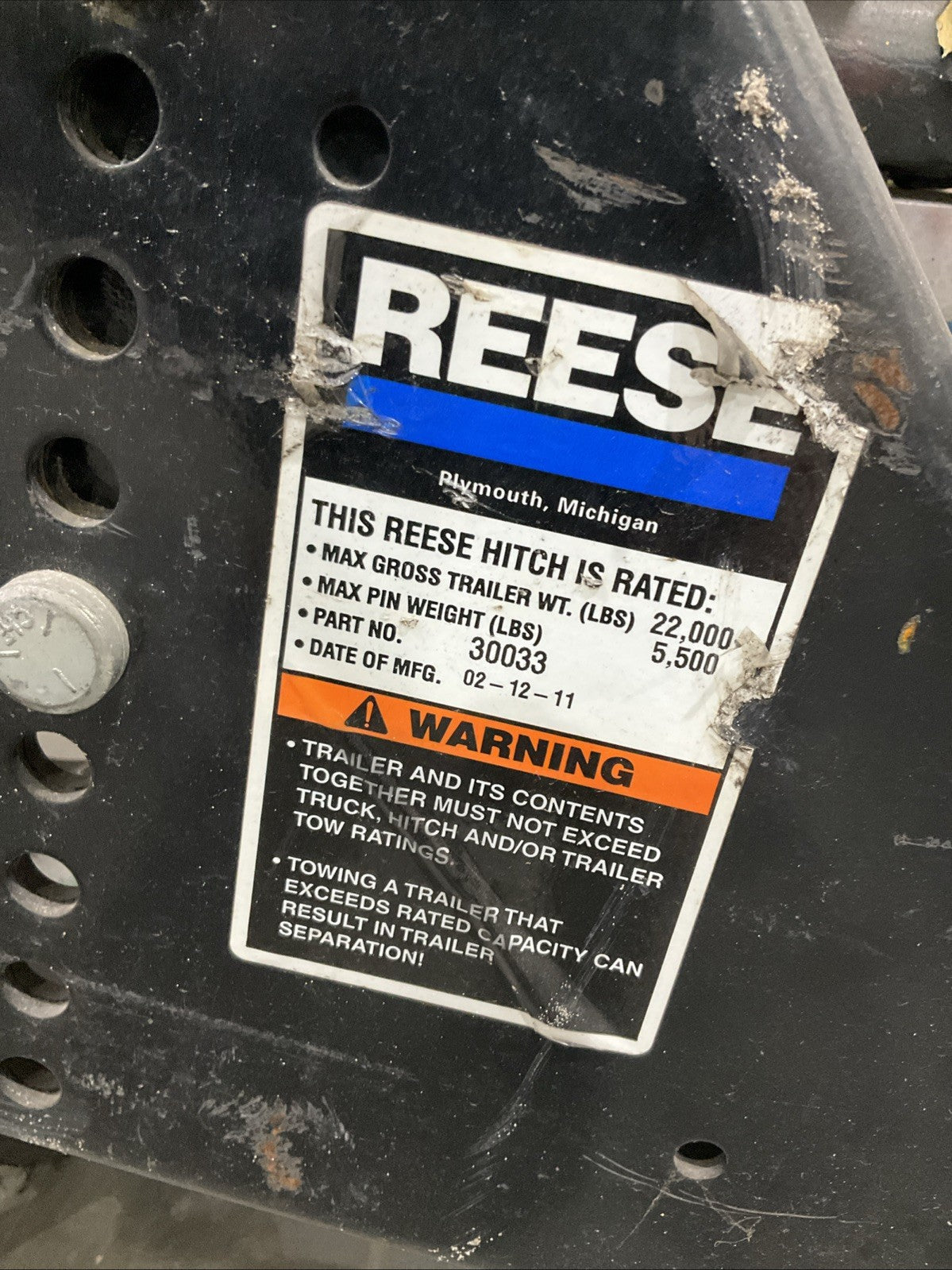 REESE  30033  FIFTH WHEEL  WITH  TRAILER HITCH  RECEIVER  22,000LB  CAPACITY
