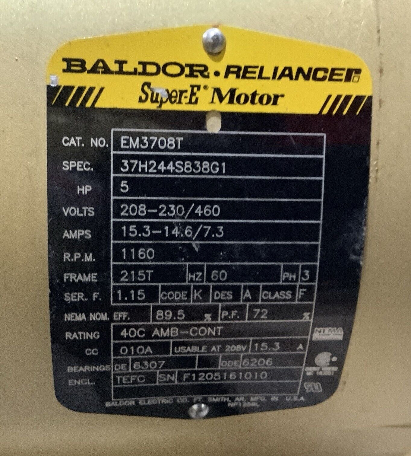 BALDOR EM3708T SUPER-E MOTOR 3PH 5HP 208-230/460V 60HZ 1160RPM 215T TEFC C2H