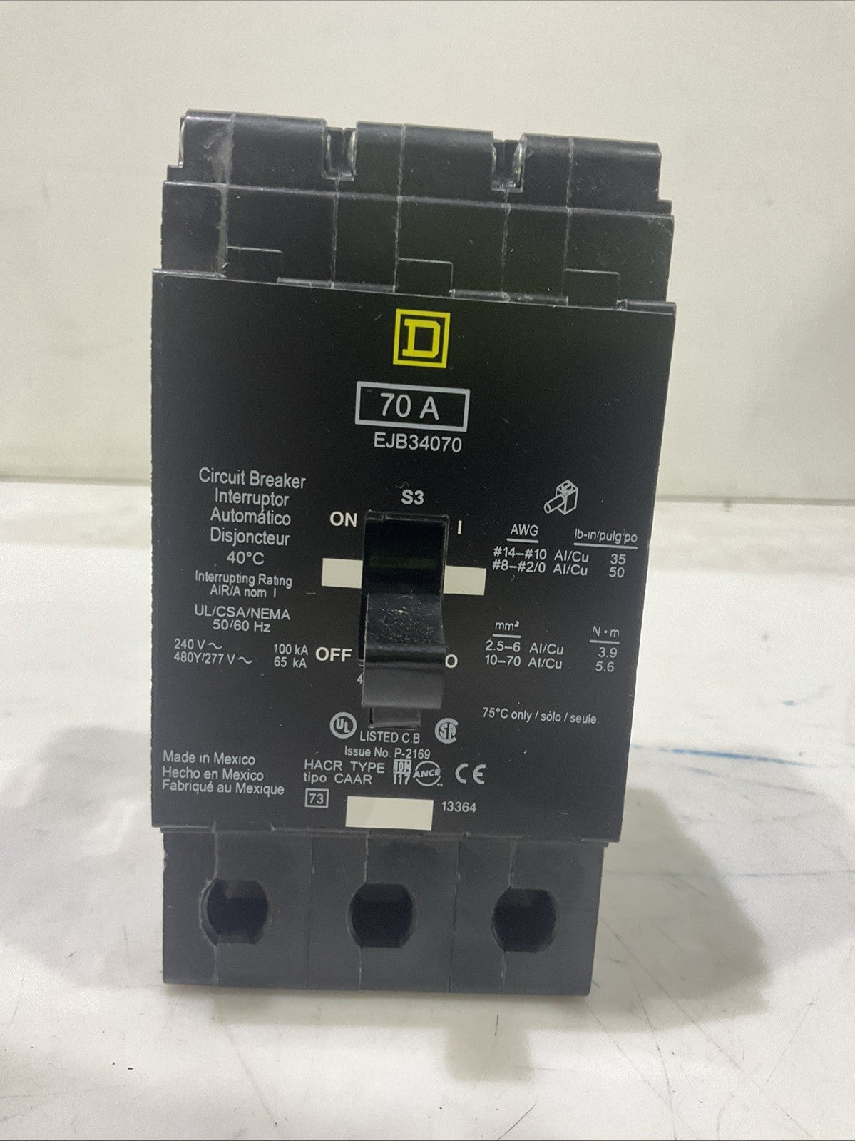 SQUARED-D  EJB34070   70A 3POLE  CIRCUIT BREAKER   480Y/277V 50/60HZ   H5P