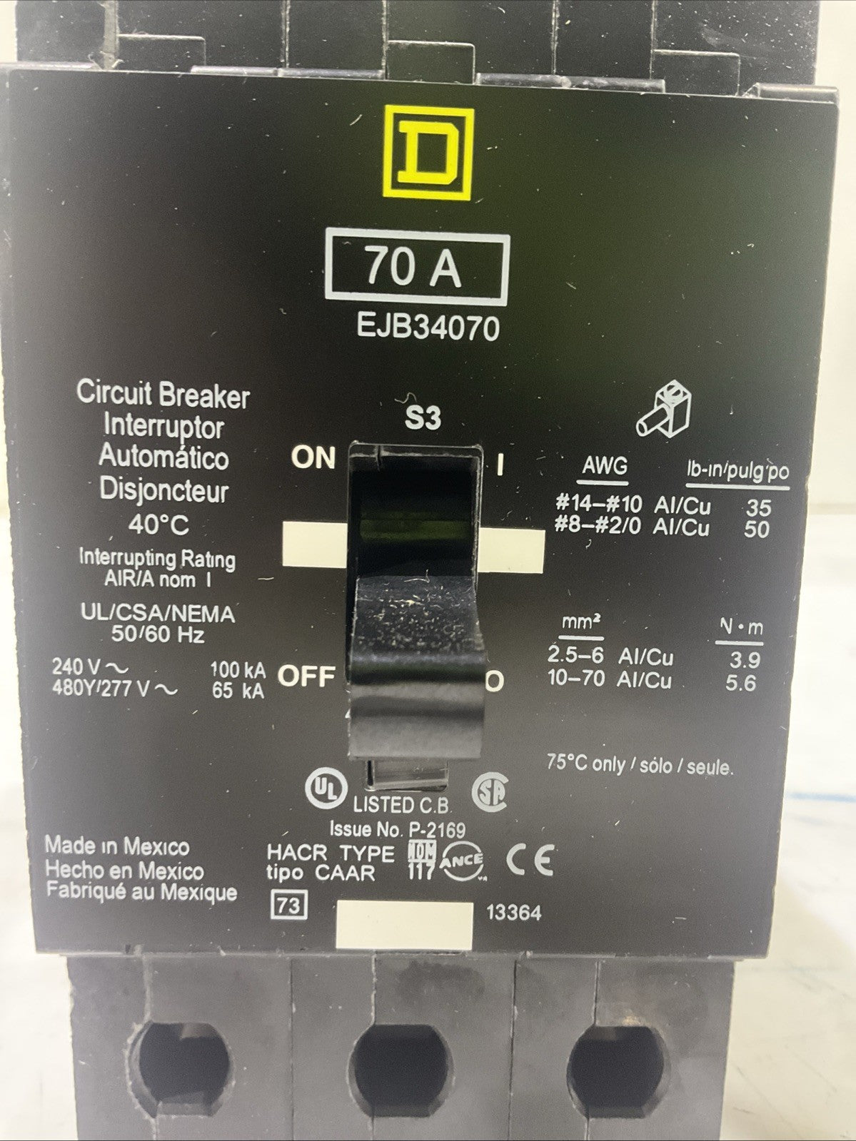 SQUARED-D  EJB34070   70A 3POLE  CIRCUIT BREAKER   480Y/277V 50/60HZ   H5P