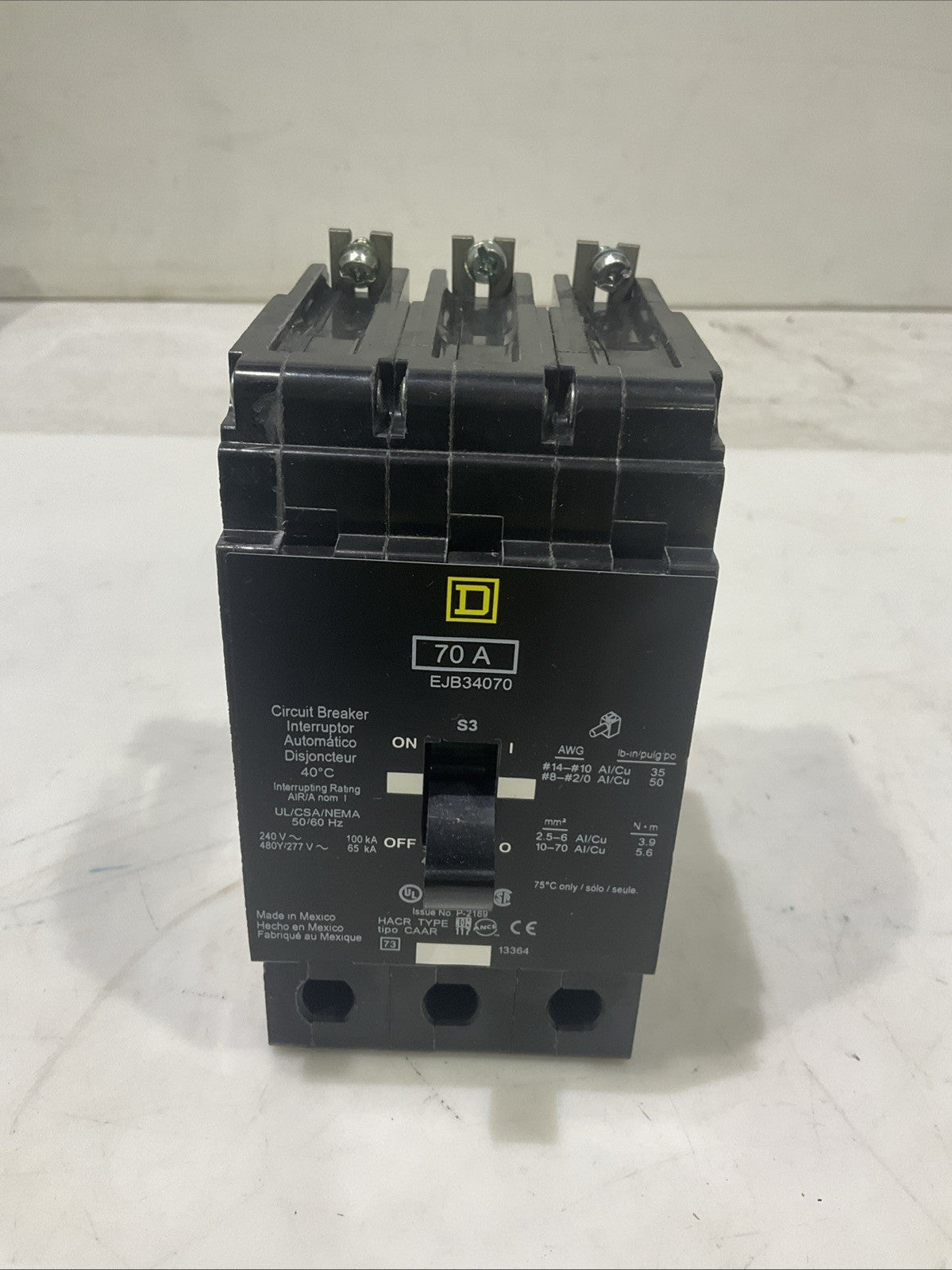SQUARED-D  EJB34070   70A 3POLE  CIRCUIT BREAKER   480Y/277V 50/60HZ   H5P