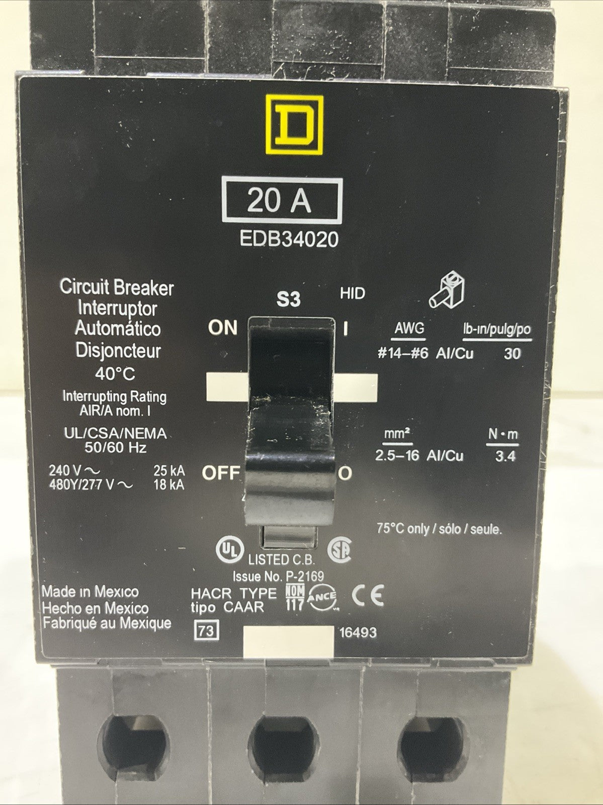 SQUARED D    EDB34020   20A  CIRCUIT BREAKER    480Y / 277V  50/60HZ   H5P