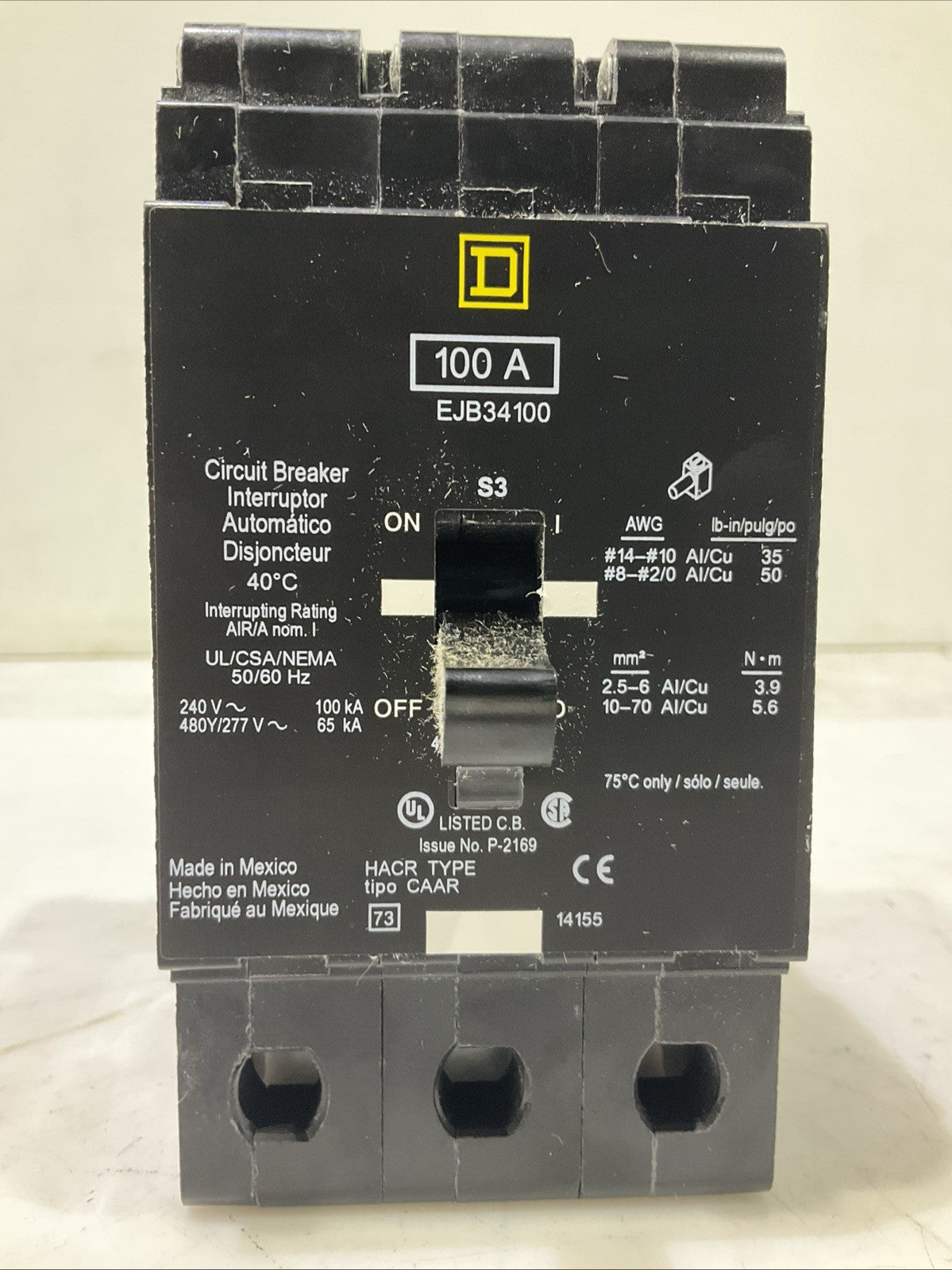 SQUARED-D   EJB34100  100A 3POLE  CIRCUIT BREAKER  480/ 277V  50/60HZ  H5P