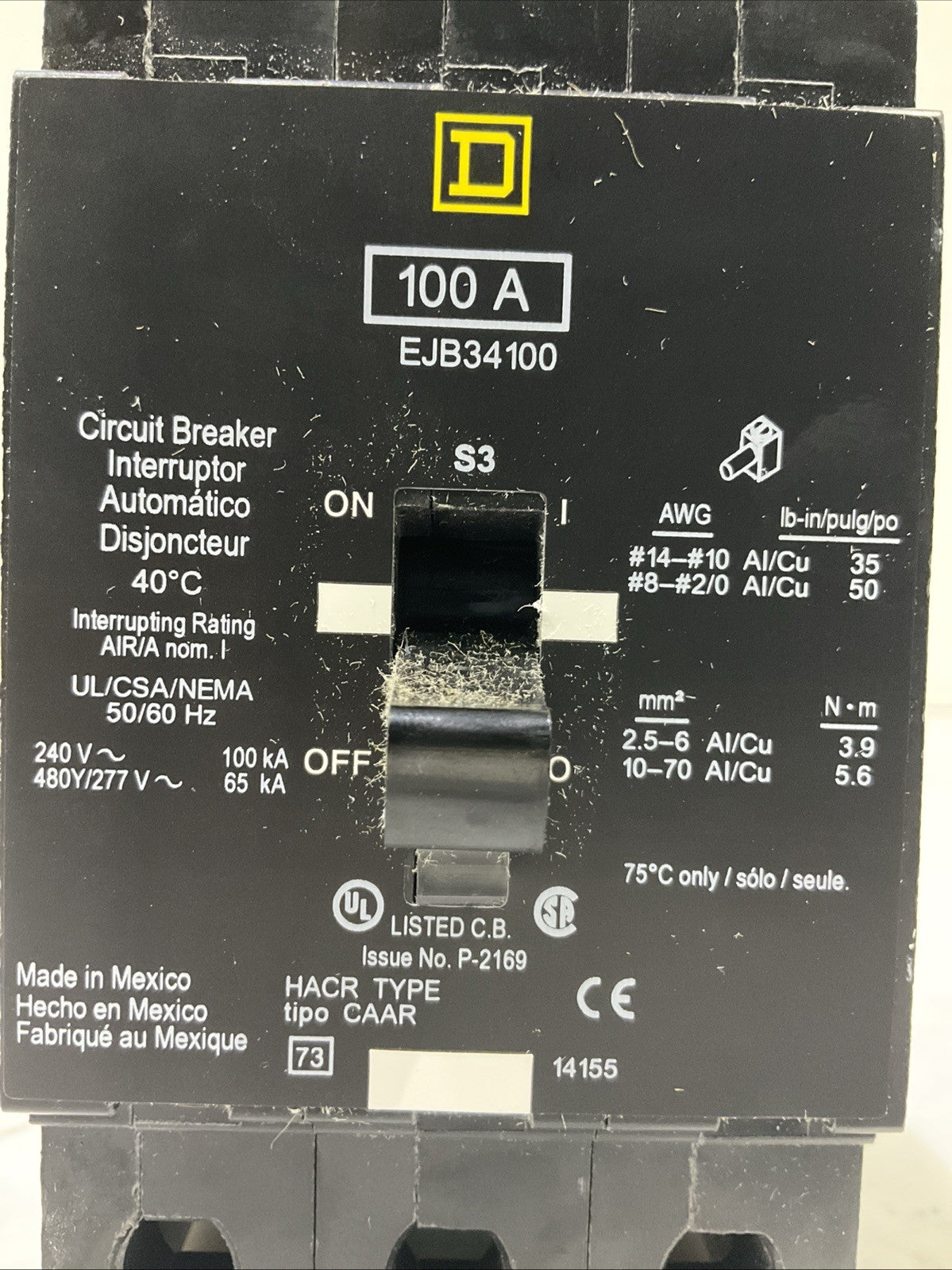 SQUARED-D   EJB34100  100A 3POLE  CIRCUIT BREAKER  480/ 277V  50/60HZ  H5P