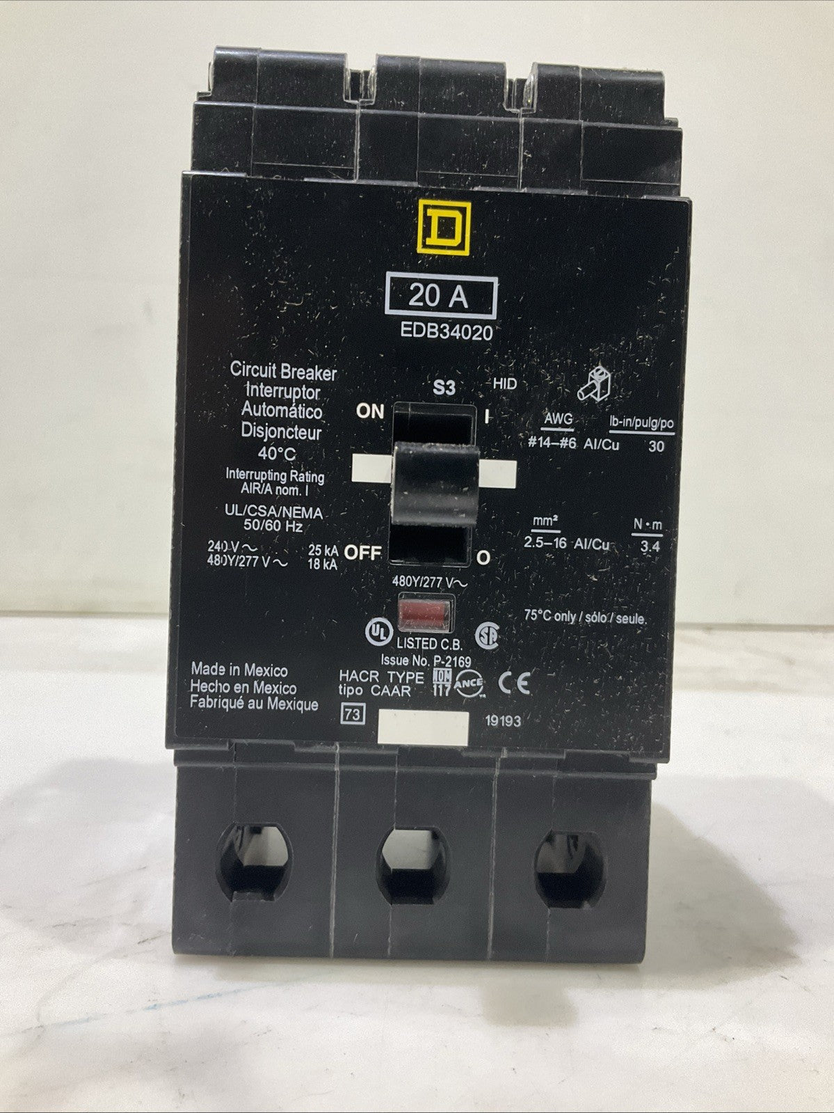 SQUARED D   EDB34020  20A  3POLE  CIRCUIT BREAKER  480Y/ 277V 50/60HZ   H5P