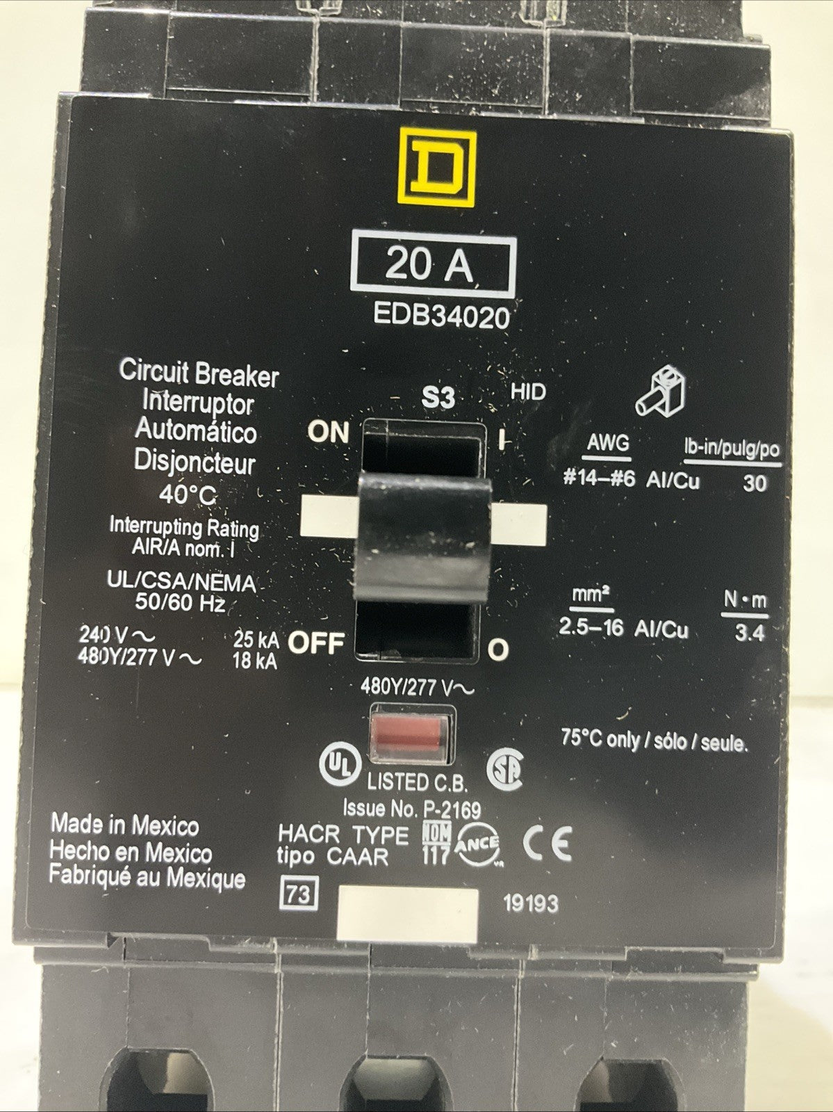 SQUARED D   EDB34020  20A  3POLE  CIRCUIT BREAKER  480Y/ 277V 50/60HZ   H5P