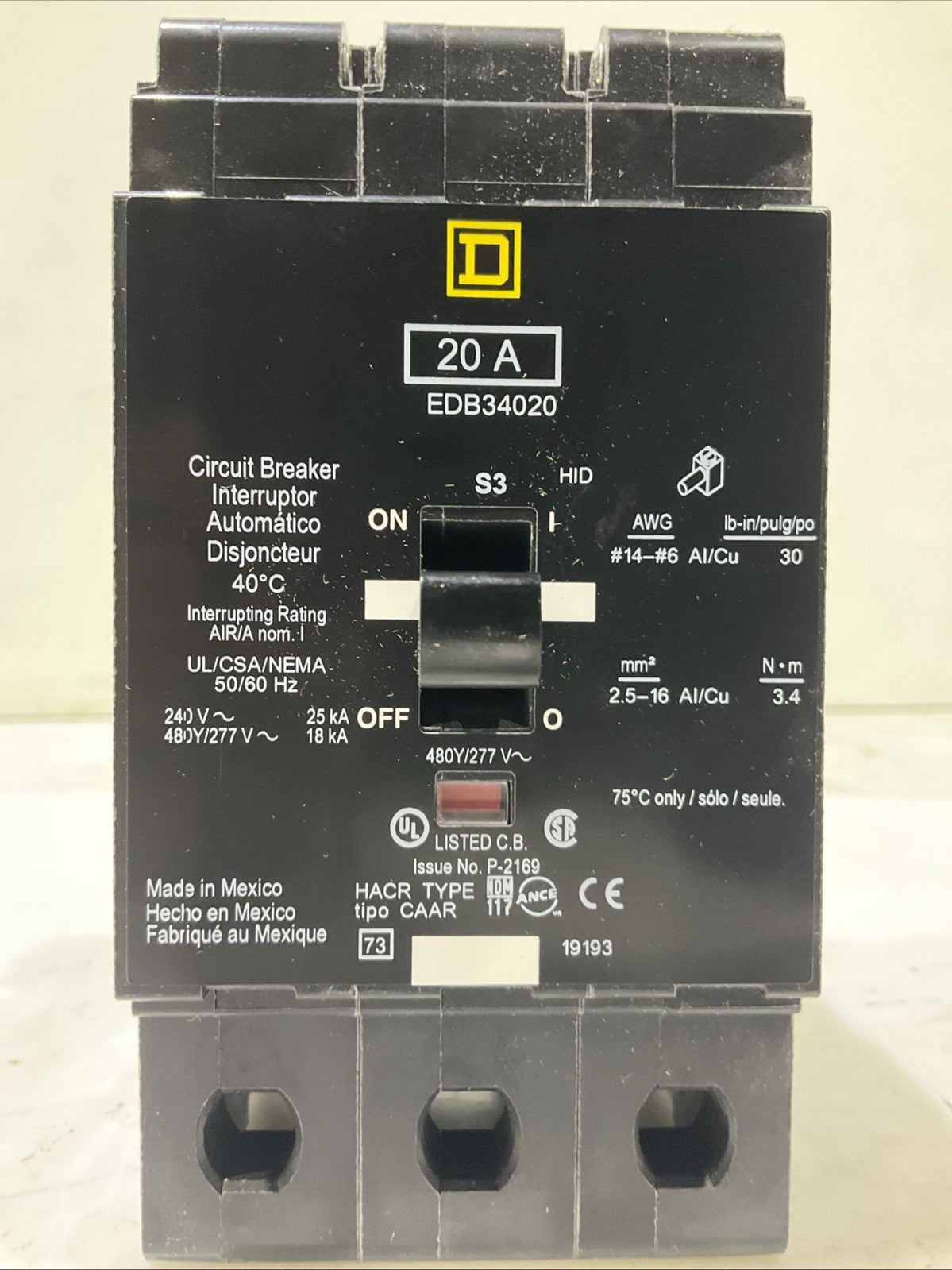SQUARED D   EDB34020  20A  3POLE  CIRCUIT BREAKER  480Y/ 277V 50/60HZ   H5P