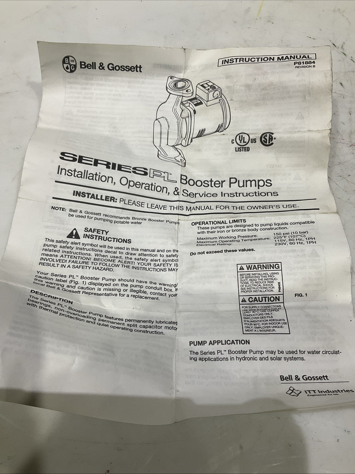 BELL & GOSSETT   PL-45 1BL002E30 CAST IRON BOOSTER  PUMP  H3C