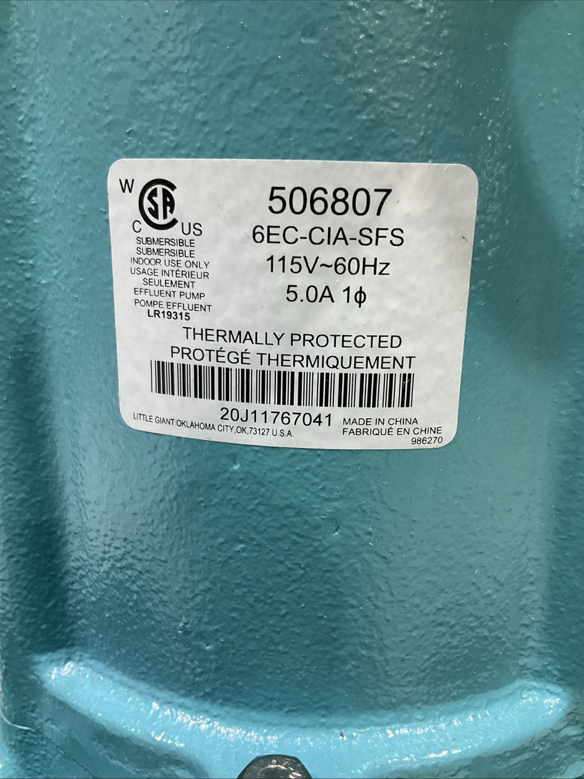 LITTLE GIANT  6EC -CIA-SFS  SUMP  EFFLUENT PUMP   1/3HP   H3C