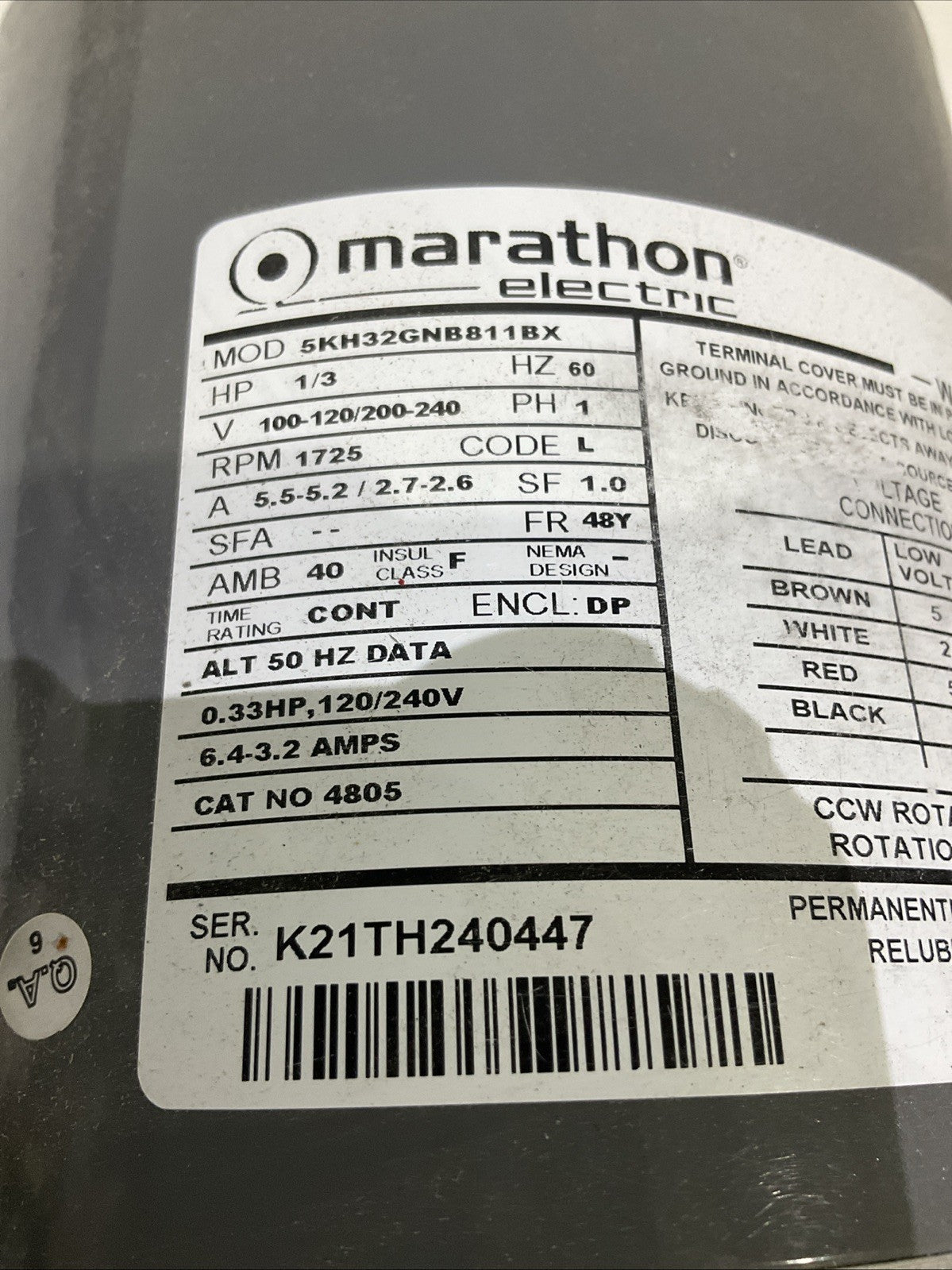 MARATHON  5KH32GNB811X-CXTH  SINGLE PHASE  CARBONATOR  COOLING PUMP  MOTOR  H3C