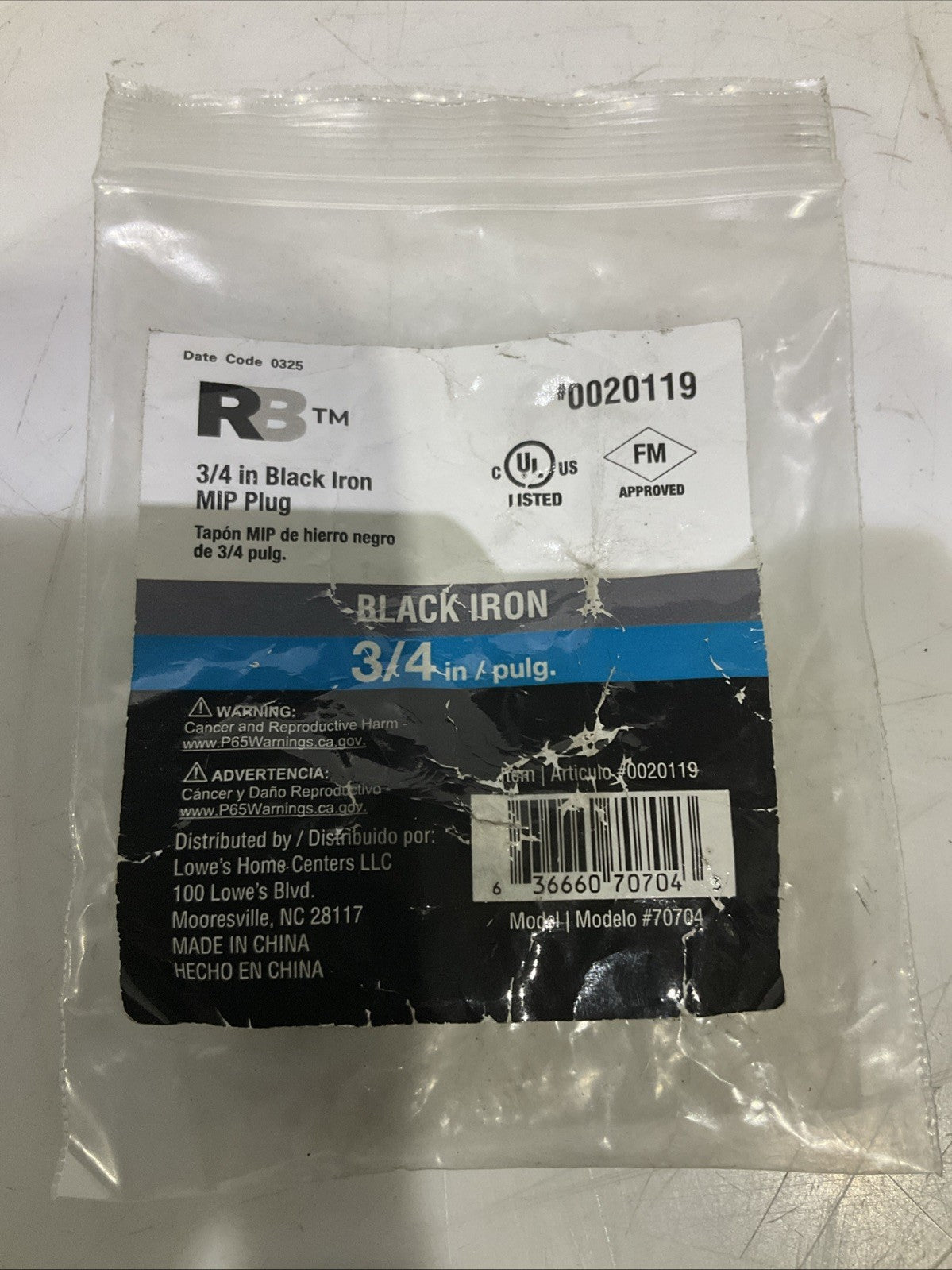 RB   0020119   3/4 IN / PULG  BLACK   IRON  MIP PLUG