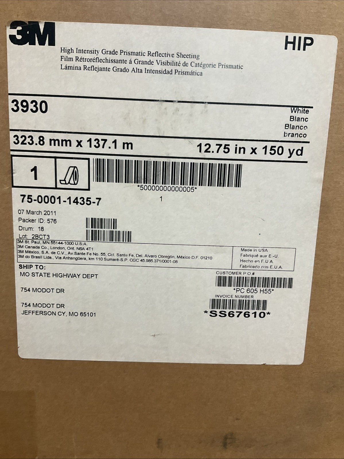 3M  3930   WHITE  FILM REFLECTIVE  TYPE    323.8MM X 137.1M  12.75IN X 150YD