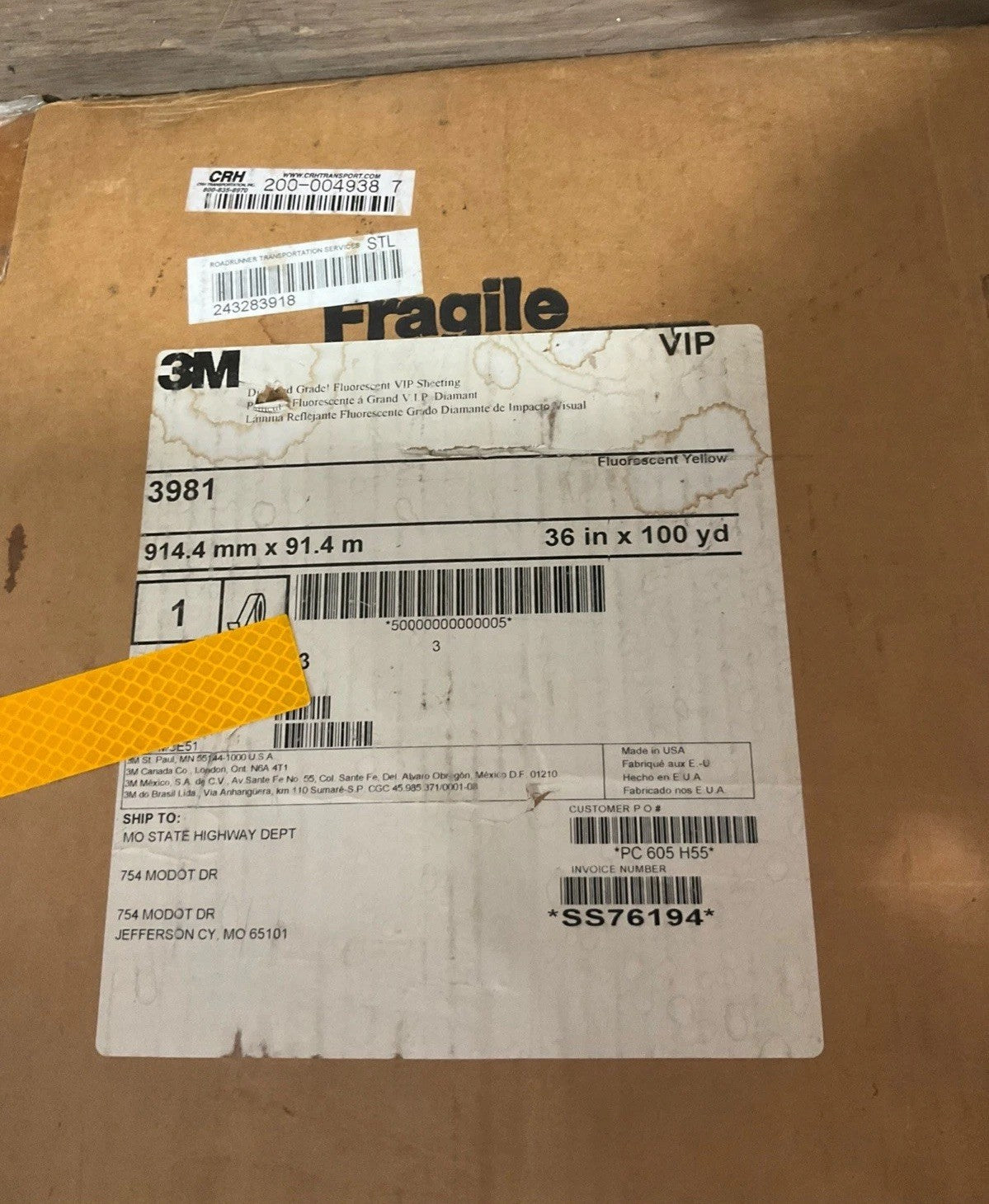 3M   3981   914.4MM X 91.4M  YELLOW FILM REFLECTIVE  TYPE  36IN  100YD