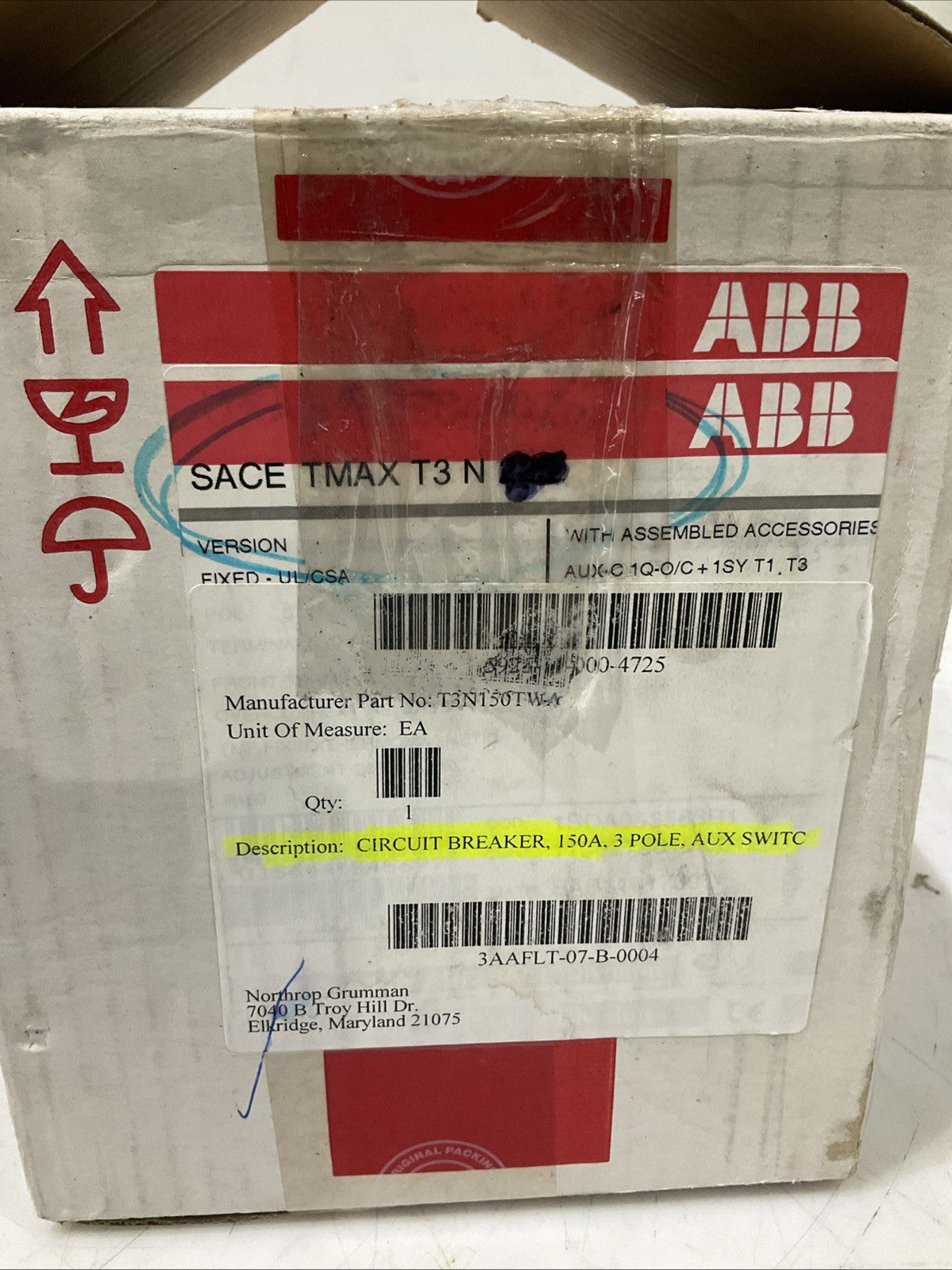 ABB SACE TMAX T3N CIRCUIT BREAKER  150A 3 POLE AUX SWITCH T3N150 U3S