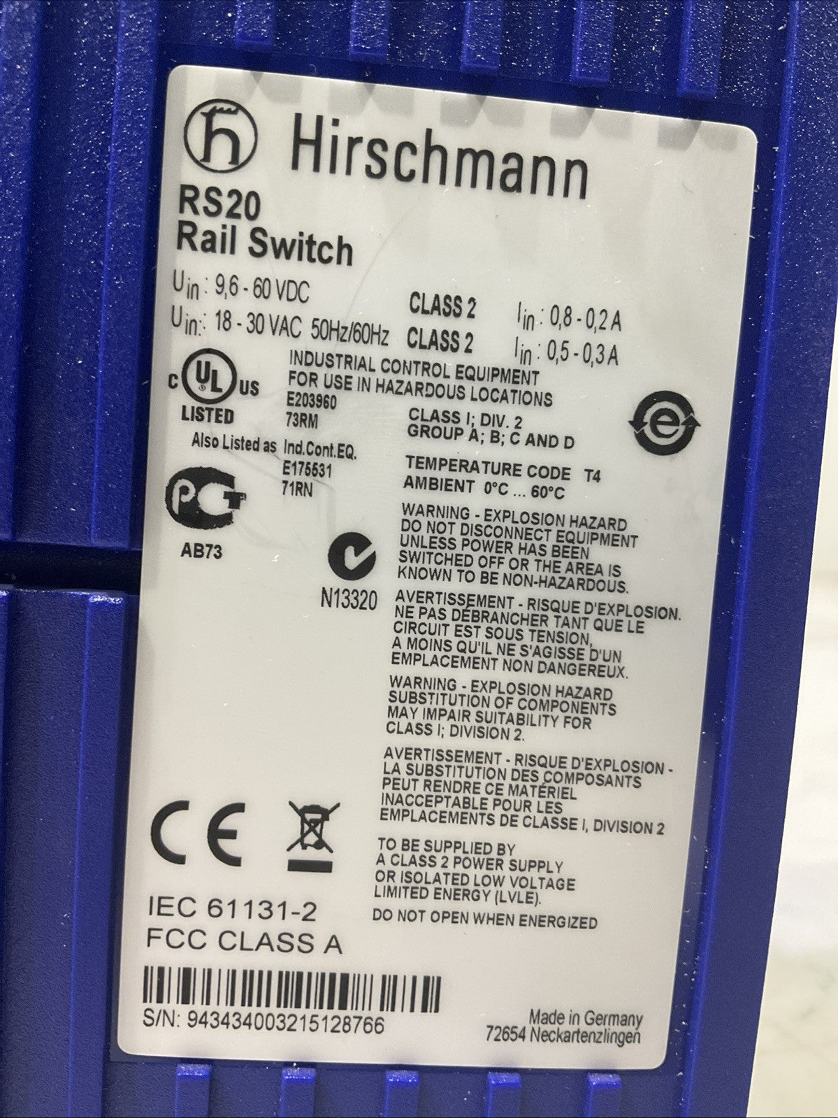 HIRSCHMANN   RS20  RAIL SWITCH   B9S