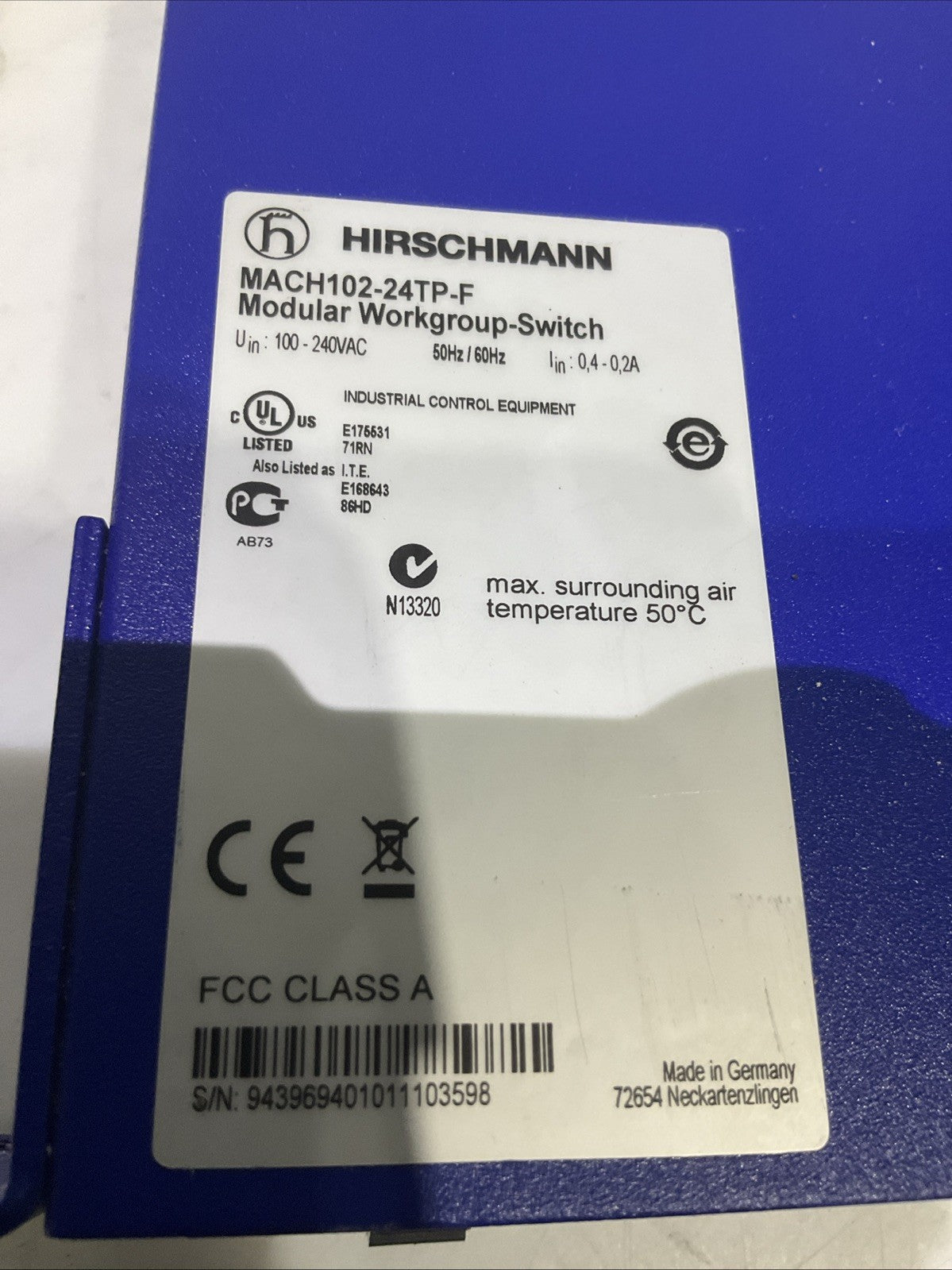 HIRSCHMANN  MACH102-24TP-F  WORKGROUP -SWITCH MODULE  50HZ/60HZ  B9S