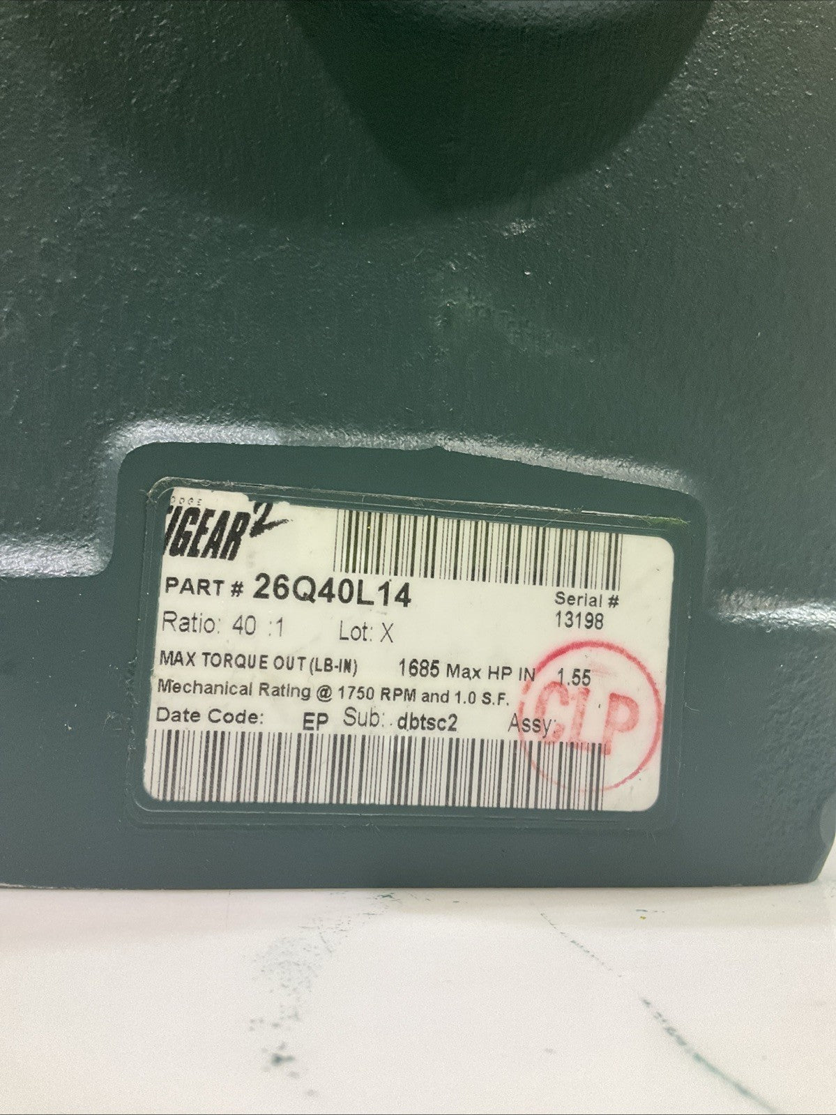 DODGE-BALDOR  26Q40L14  RIGHT ANGLE GEAR  SPEED REDUCER QUILL INPUT SERIAL 13198