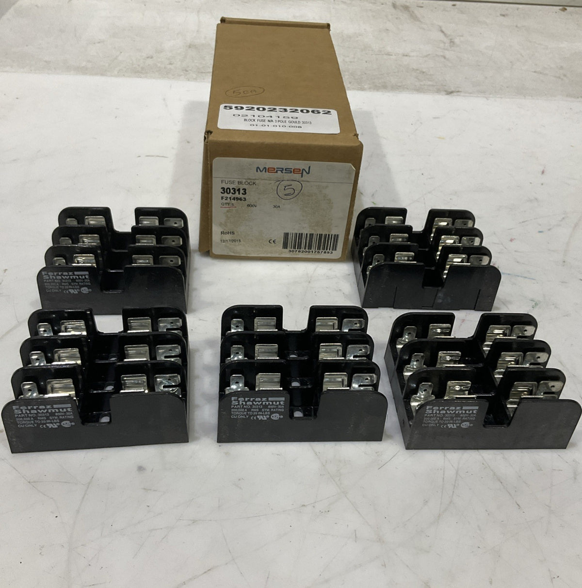 MERSEN FERRAZ SHAWMUT 30313 FUSE BLOCK 600V 30A LOT OF 5  373