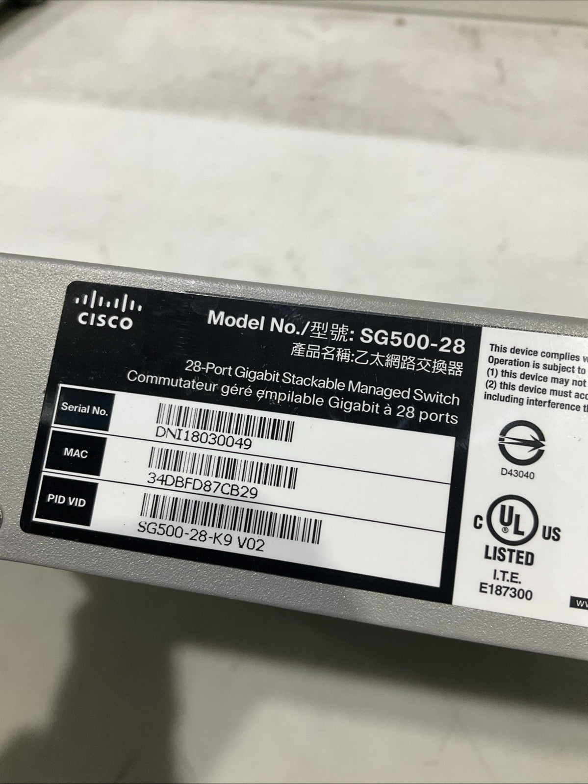 CISCO  SG500-28   28-PORT GIGABIT  STACKABLE MANAGED  SWITCH  B9S
