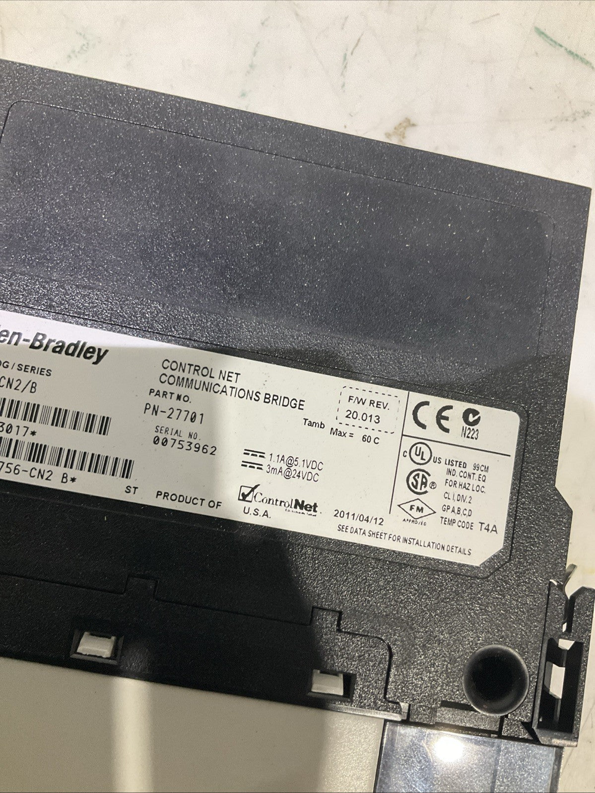 ALLEN-BRADLEY   1756-CN2/B  CONTROL-NET  COMMUNICATION BRIDGE  B9S