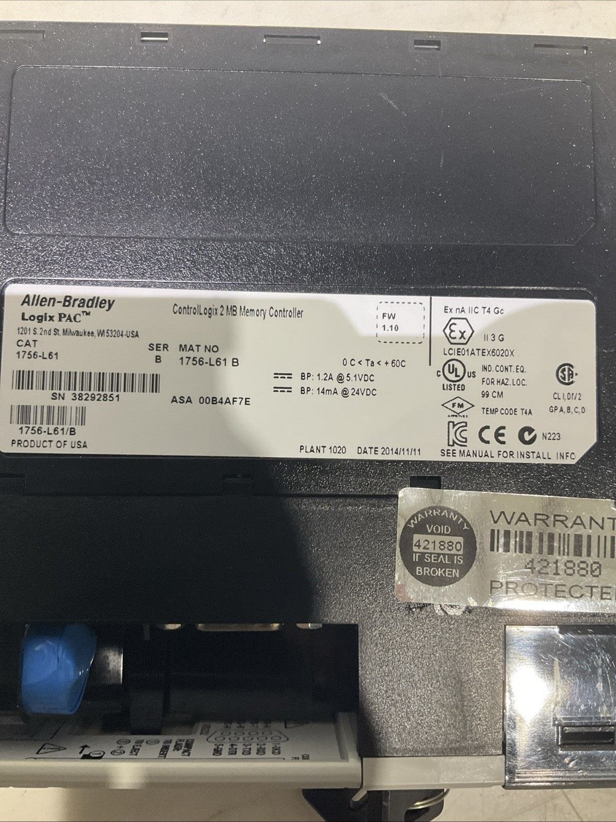 ALLEN-BRADLEY   1756-L61 CONTROLLER LOGIX 2MB MEMORY  CONTROLLER  B9S