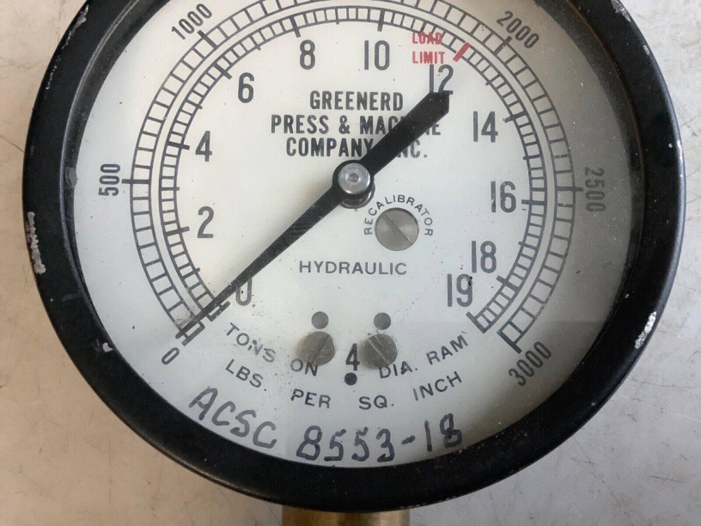 GREENERD ACSC 8553-18 HYDRAULIC PRESSURE GAUGE 0-3000PSI 19 TON