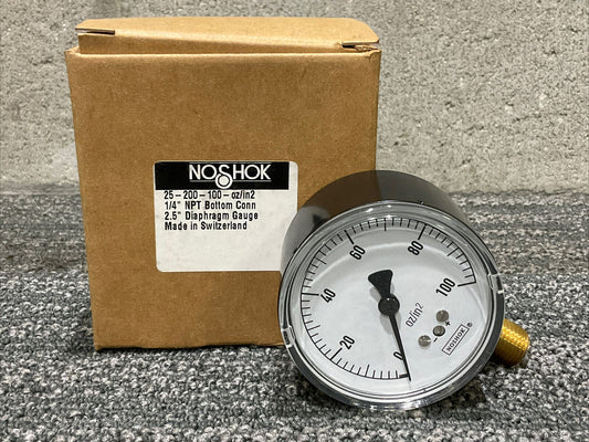 NOSHOK 25-200-100 OZ/IN2 DIAPHRAGM GAUGE 2.5” & 1/4” NPT BOTTOM CONNECTOR 222