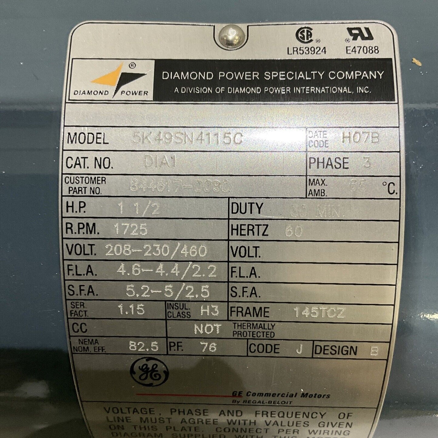DIAMOND POWER GE 5K49SN4115C MOTOR HP 1.5 3 PHASE 1725 RPM 208-230/460 V 678