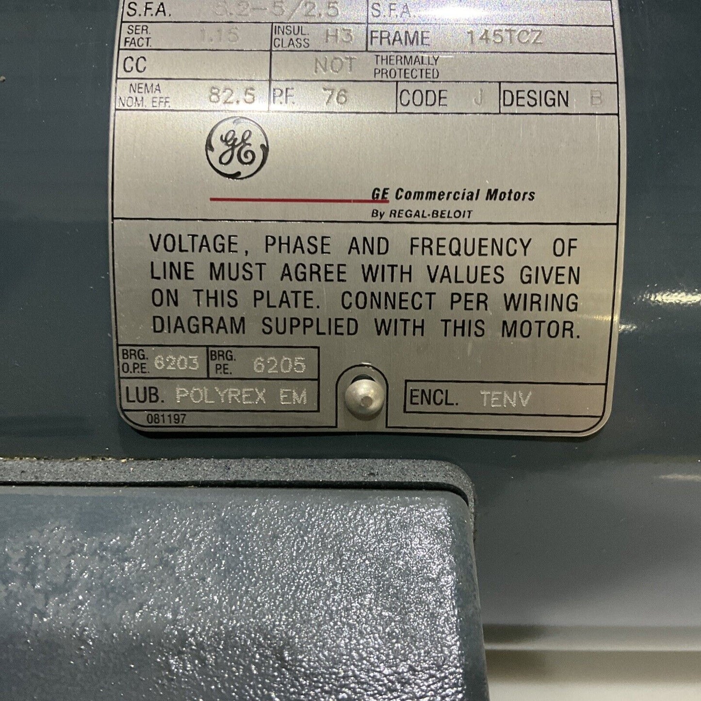 DIAMOND POWER GE 5K49SN4115C MOTOR HP 1.5 3 PHASE 1725 RPM 208-230/460 V 678