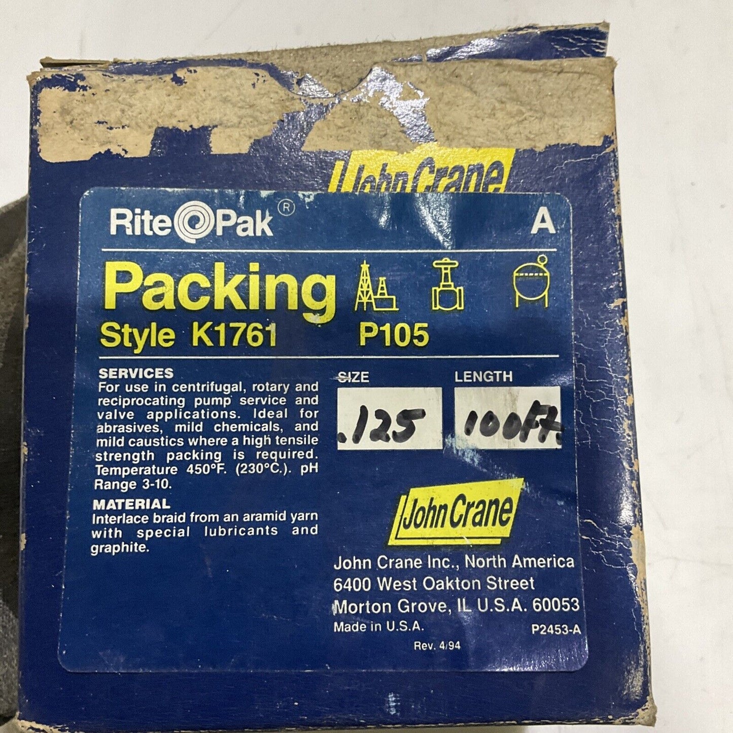 JOHN CRANE RITE PAK K1761 P105 MECHANICAL PACKING .125 100FT 678