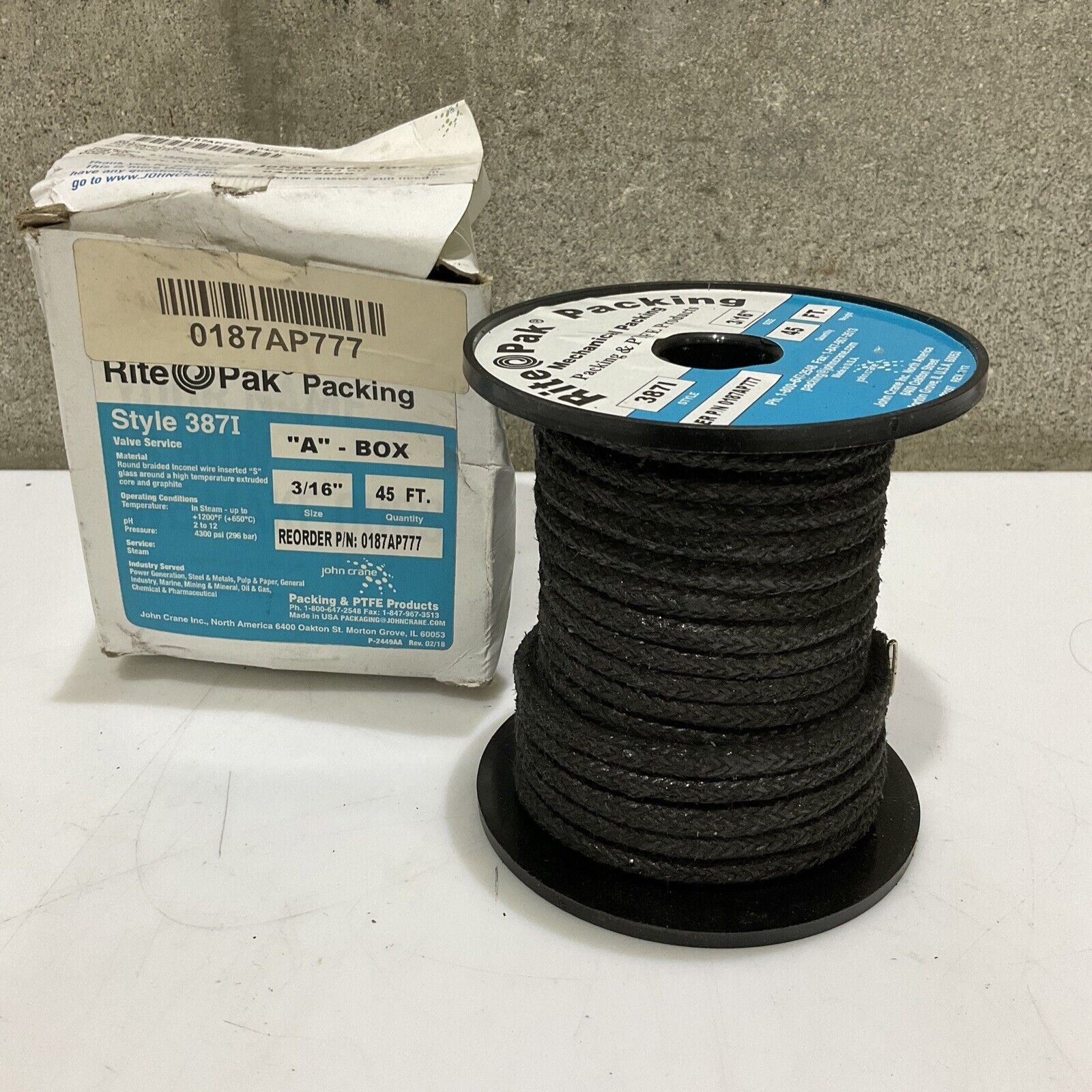 JOHN CRANE RITE PAK 387I 0187AP777 MECHANICAL PACKING 3/16 IN 45 FT 67 ...