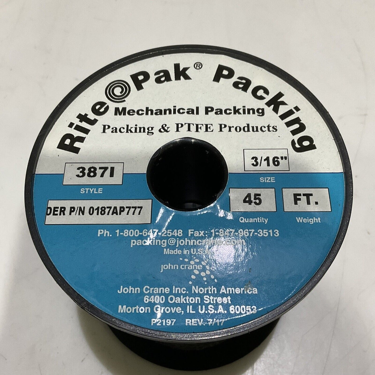JOHN CRANE RITE PAK 387I 0187AP777 MECHANICAL PACKING 3/16 IN 45 FT 67 ...