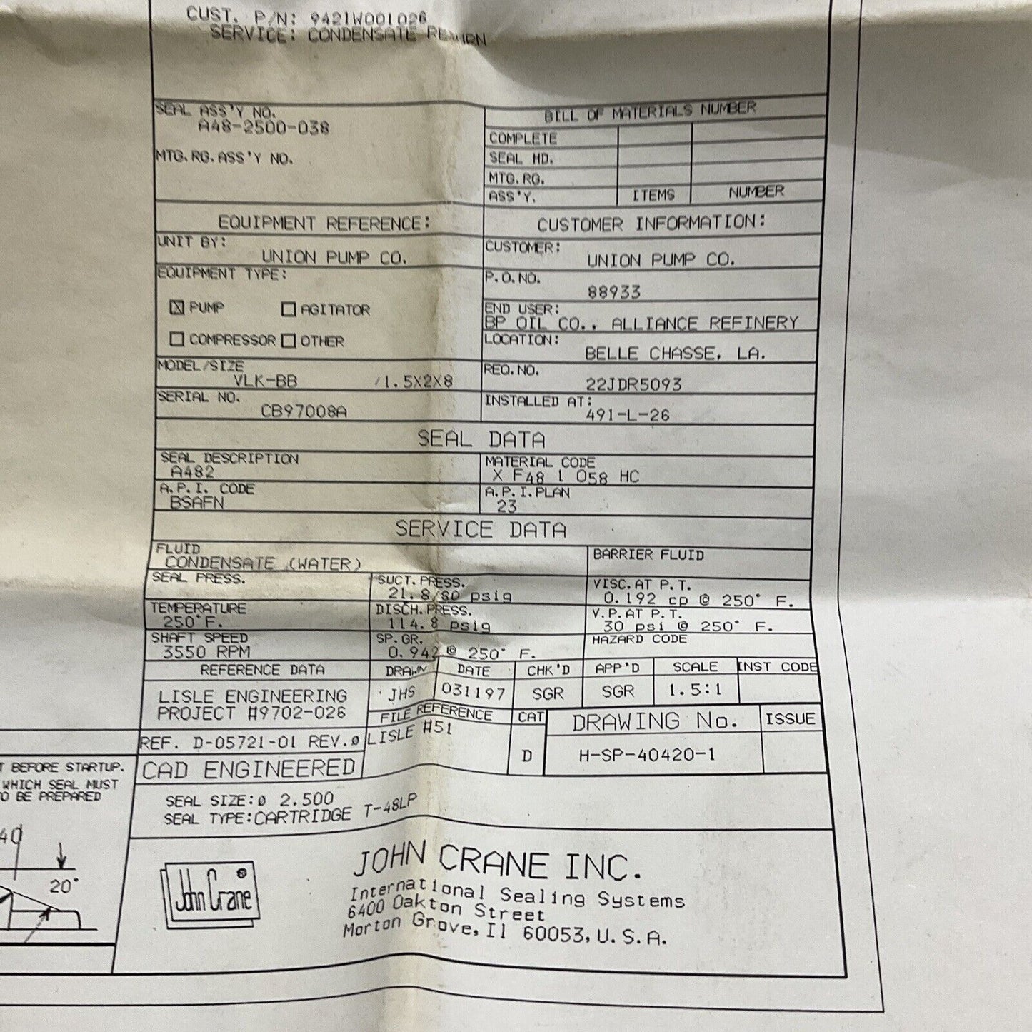 JOHN CRANE C07902 HSP40420-1 CARTRIDGE SEAL 678