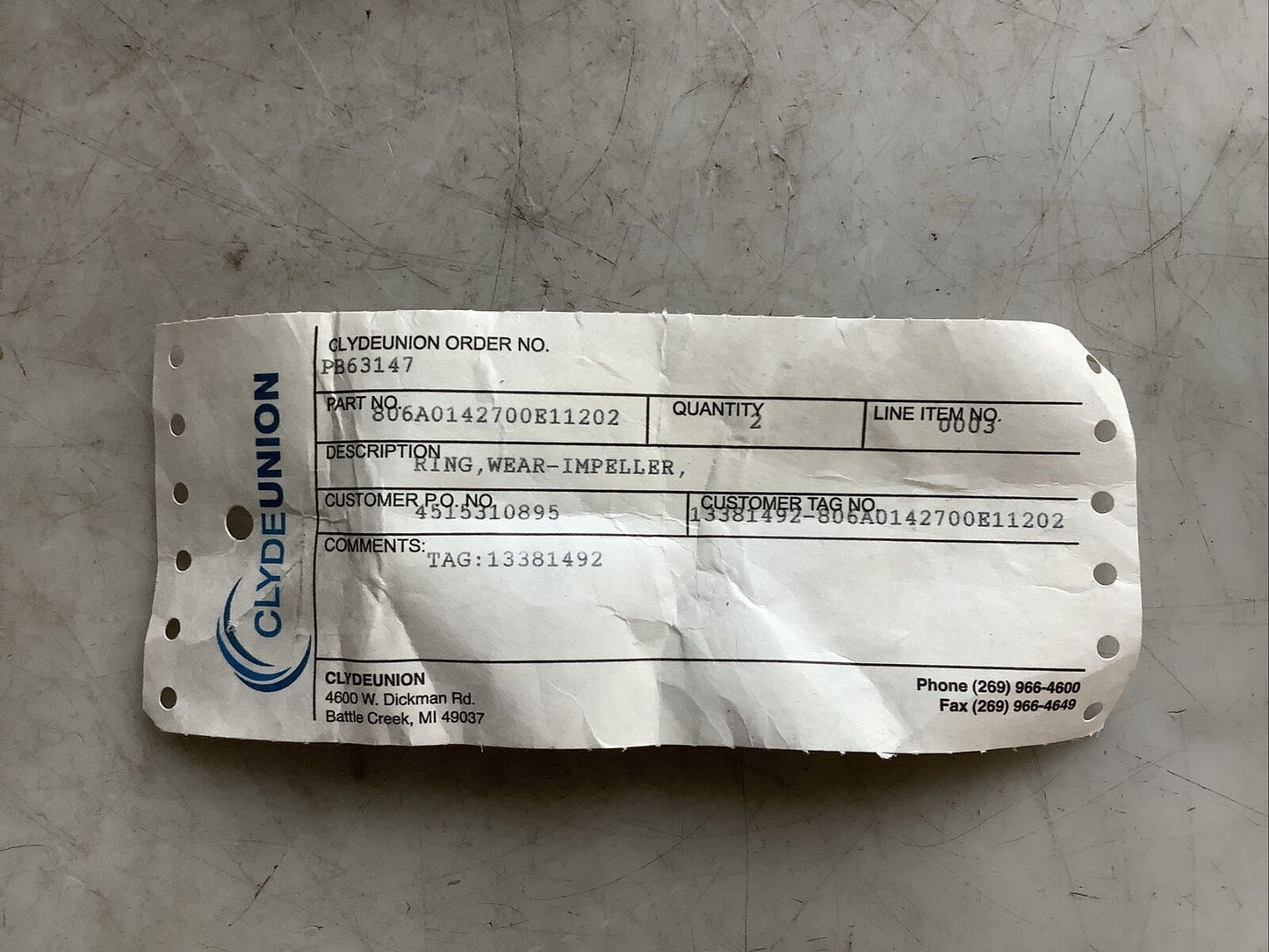 CLYDE UNION 806A0142700E11202 IMPELLER WEAR RING 678