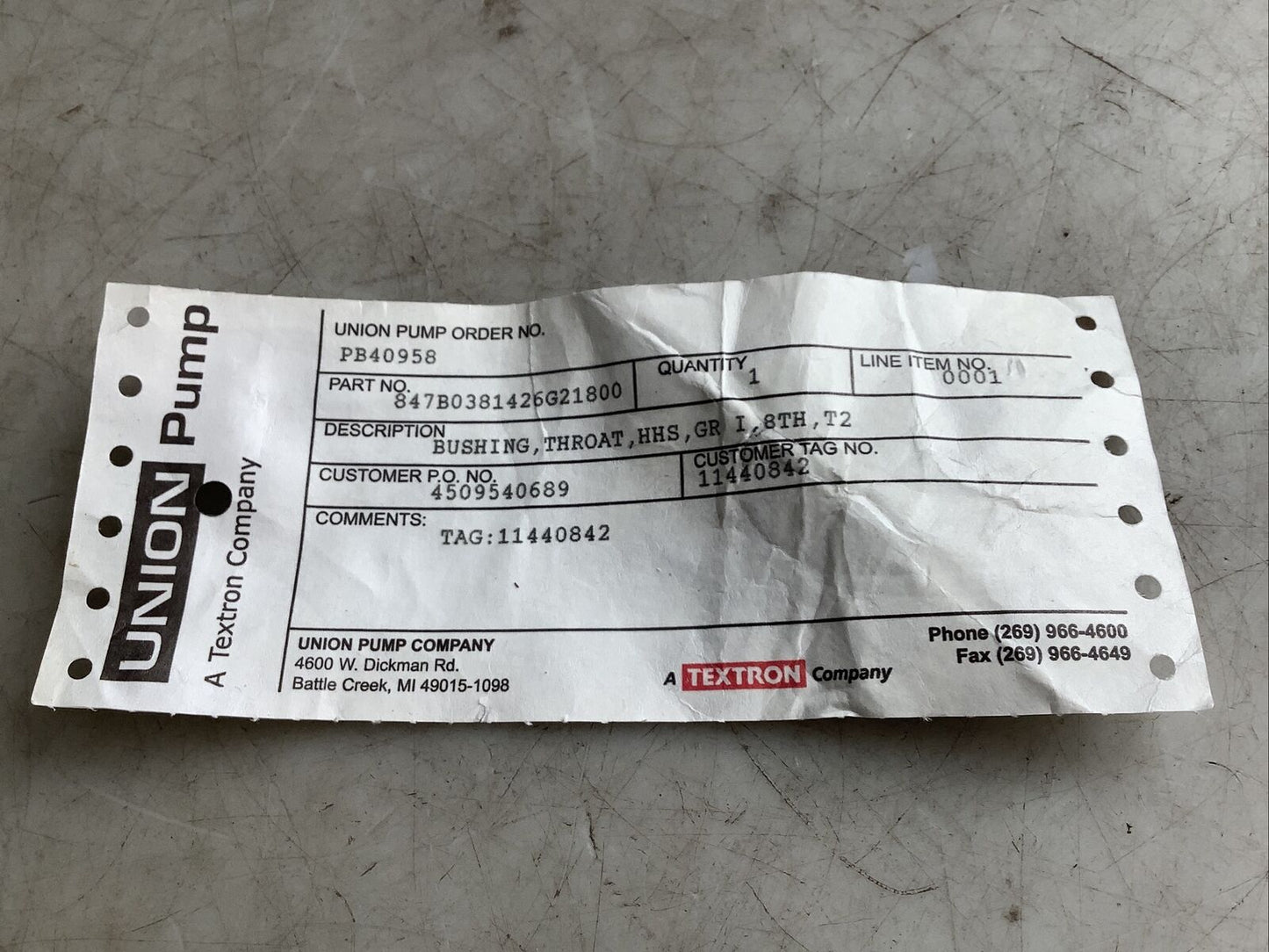UNION PUMP 847B0381426G21800 THROAT BUSHING 678
