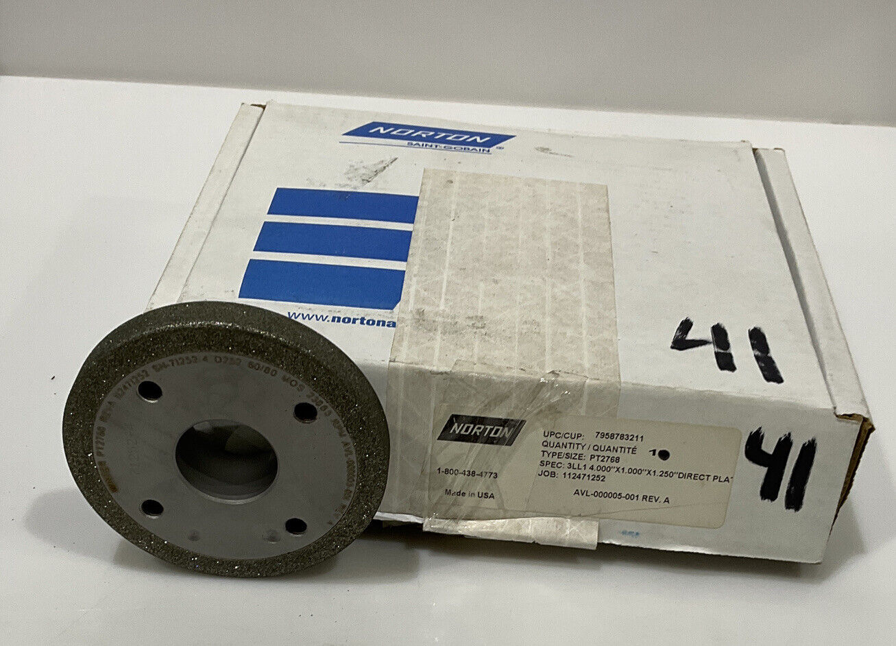 NORTON PT2768 GRIT 60/80 4” DIAMETER 1.26” BORE .571” GRINDING WHEEL