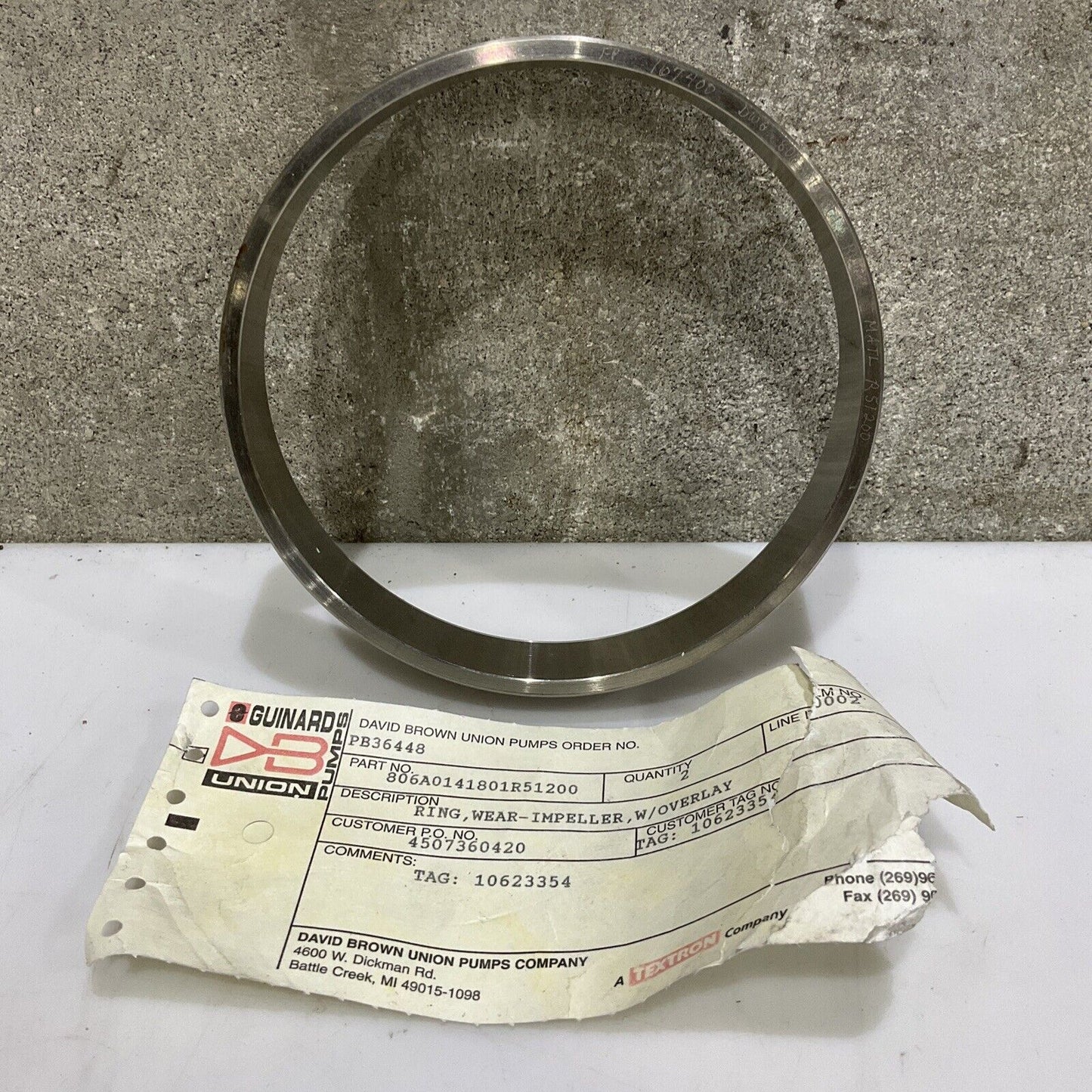 UNION PUMP 806A0141801R51200 WEAR IMPELLER RING WITH OVERLAY 678