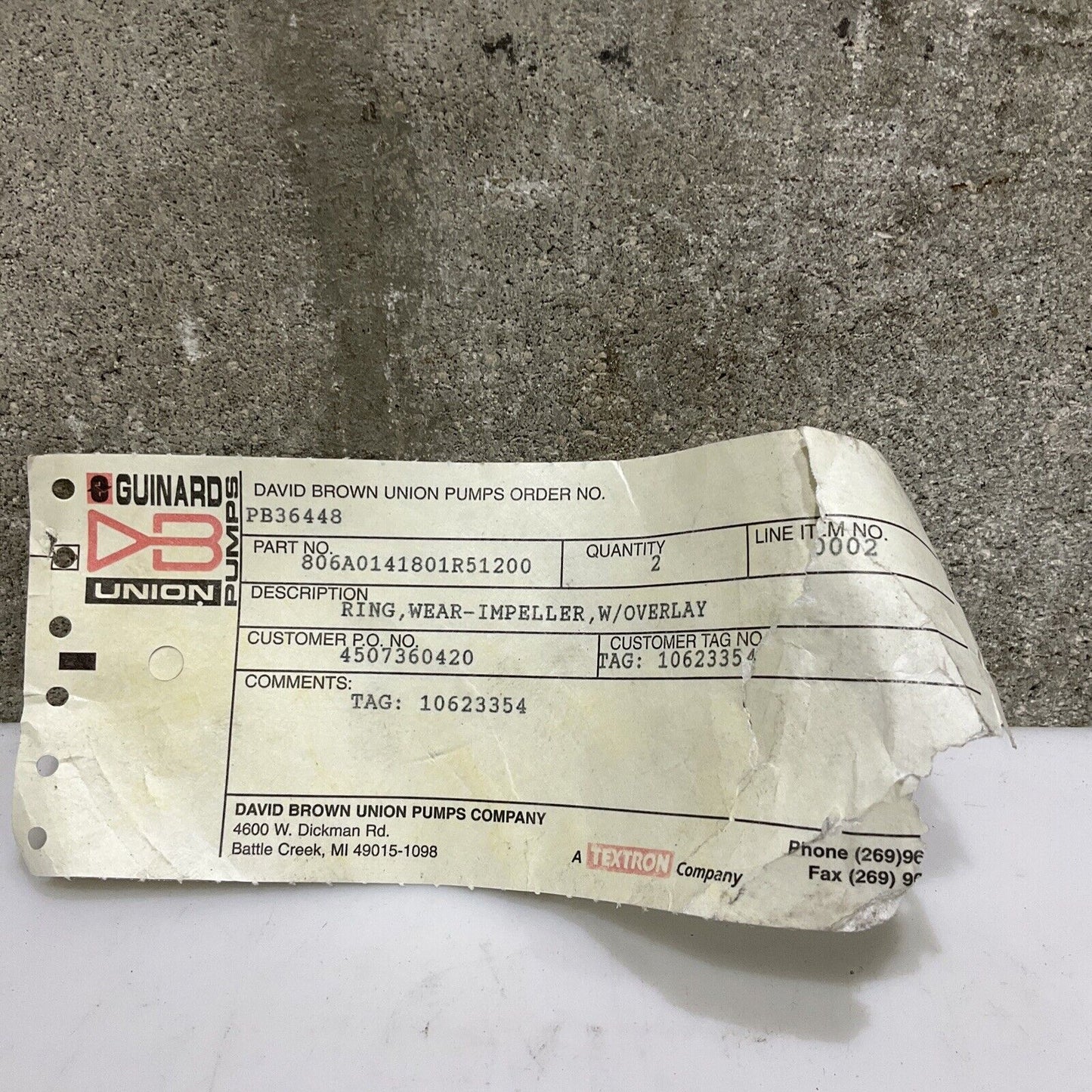 UNION PUMP 806A0141801R51200 WEAR IMPELLER RING WITH OVERLAY 678