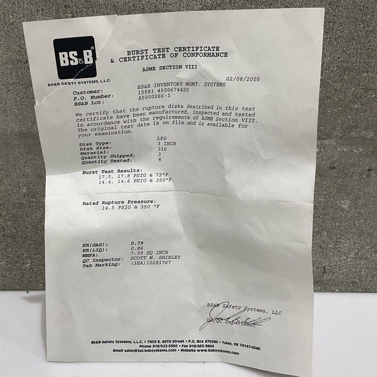 BS&B 10281767 A500266-1 REVERSE BUCKLING RUPTURE DISK 3 IN LPS 14.5 PSIG 555