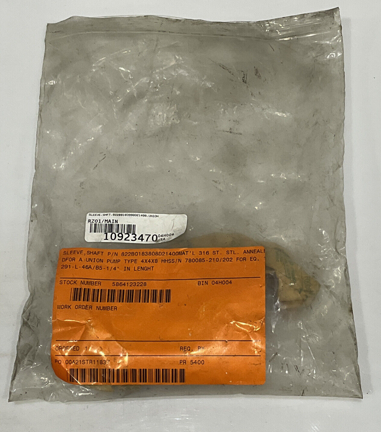 UNION PUMPS CO 822B0183808D21400MAT SHAFT SLEEVE 678