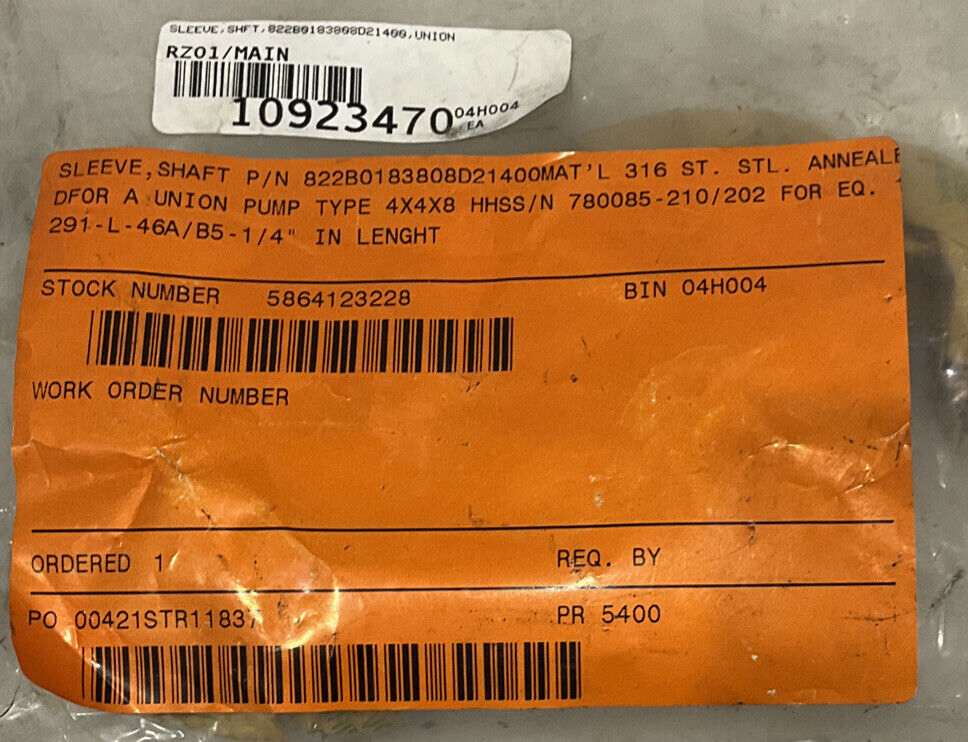 UNION PUMPS CO 822B0183808D21400MAT SHAFT SLEEVE 678