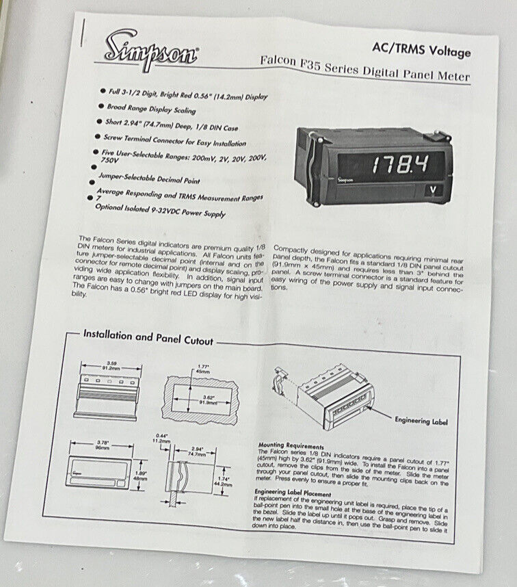 SIMPSON F35-1-46-0 FALCON F35 SERIES DIGITAL PANEL METER INPUT 5 A AC 120VAC