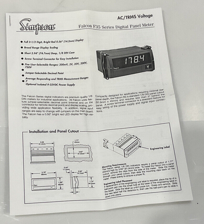 SIMPSON F35-1-46-0 FALCON F35 SERIES DIGITAL PANEL METER INPUT 5 A AC 120VAC