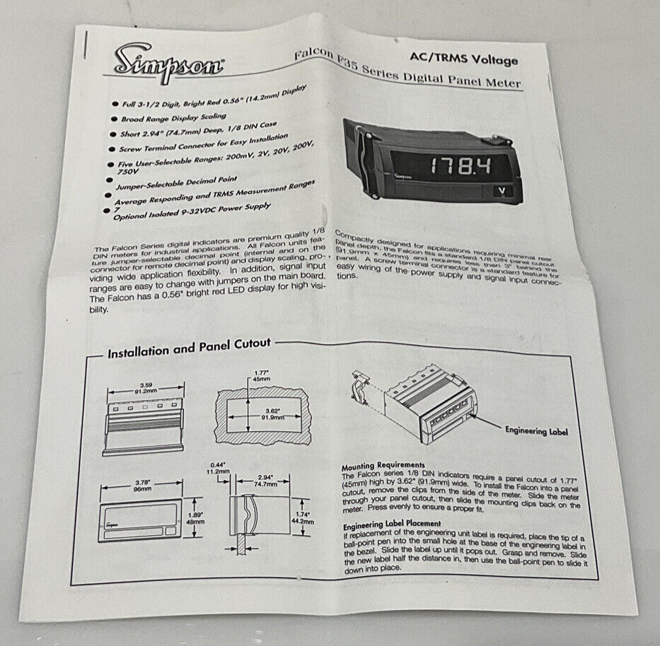 SIMPSON F35-1-46-0 FALCON F35 SERIES DIGITAL PANEL METER INPUT 5 A AC 120VAC