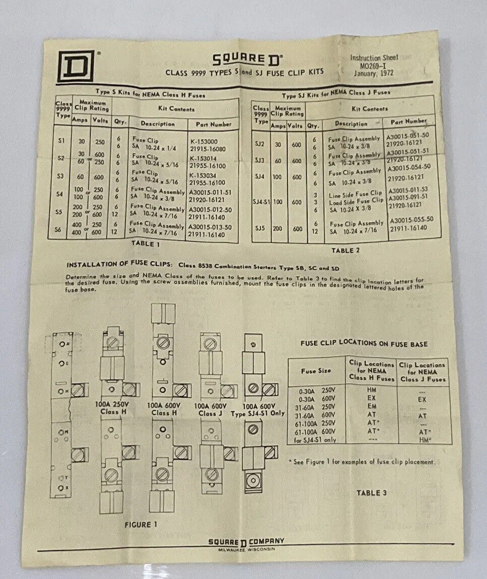 SQUARE D  S12 CLASS 1 FUSE CLIP KIT 30A 600V CLASS 9999 LOT OF 6 555