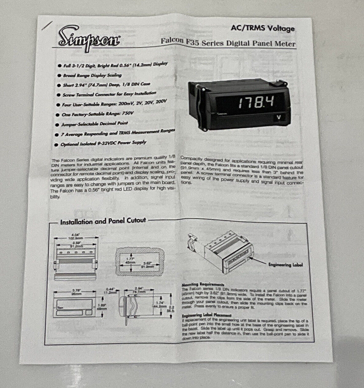 SIMPSON F35-1-46-0 FALCON F35 SERIES DIGITAL PANEL METER INPUT 5 AMP 120VAC