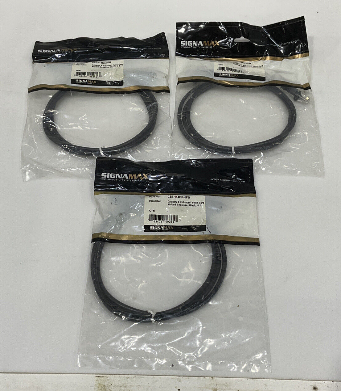 SIGNAMAX C5E-114BK-5FB ETHERNET CORD CATEGORY 5 BLACK 5 FT LOT OF 3 TWD