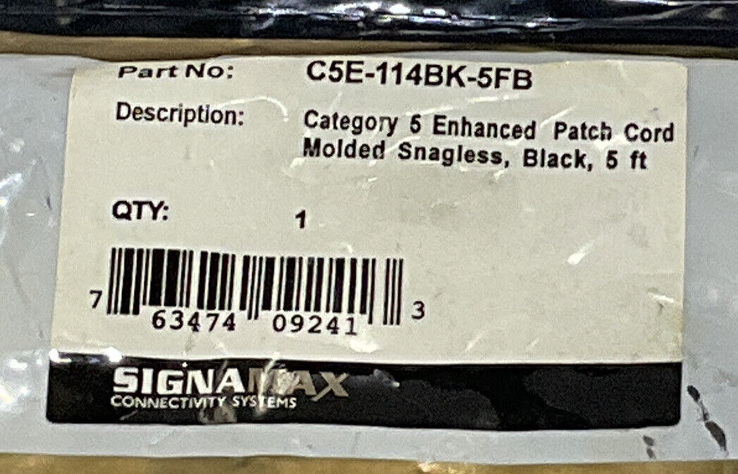 SIGNAMAX C5E-114BK-5FB ETHERNET CORD CATEGORY 5 BLACK 5 FT LOT OF 3 TWD