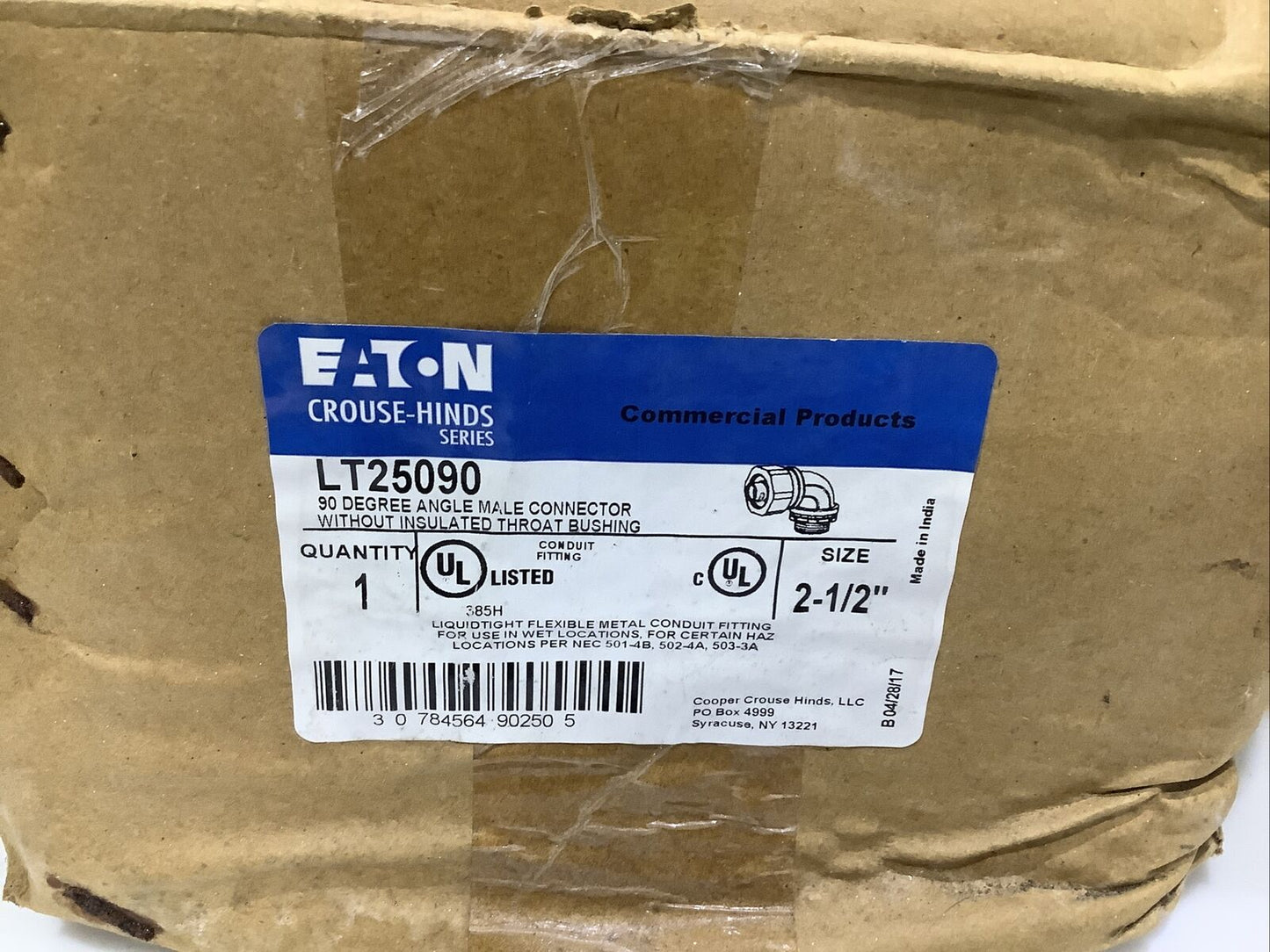 EATON LT25090 90 DEGREE ANGLE MALE CONNECTOR W/O THROAT BUSHING 2-1/2IN ECH