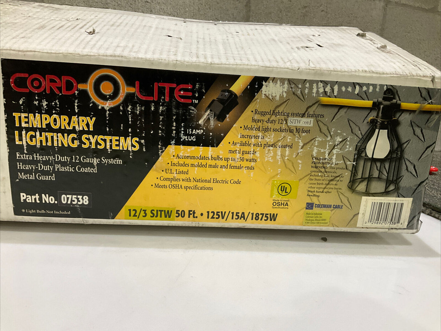 CORD-O-LITE 07538 TEMPORARY LIGHTING SYSTEM 12/3 SJTW 50FT 125V/15A/1875W 476